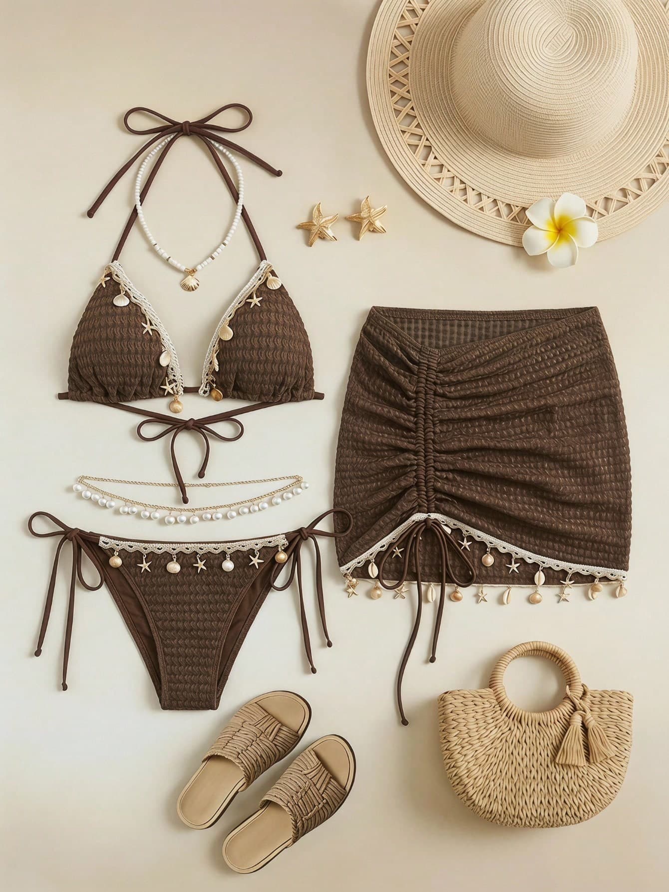 Swim Oasis Women's Coffee Brown Pendant Decorated Swimwear Set,Summer Boho Beach Holiday Holiday Two-Piece Bikini With Removable Bra Pads & Resort Skirt