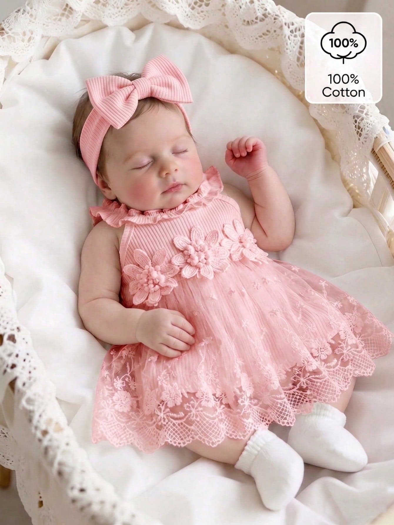 SHEIN Two Newborn Baby Girls, Summer Romance, Sweetness, And Cuteness. White Knitted Pit Stripe, Ruffle Edge, Suspender, Flower Embroidery, Waist Decoration, Lace Mesh Dress, Butterfly Machine Headband, Suitable For Marriage, Seasonal Wedding, One Year Old Shooting, Daily Outdoor Dressing