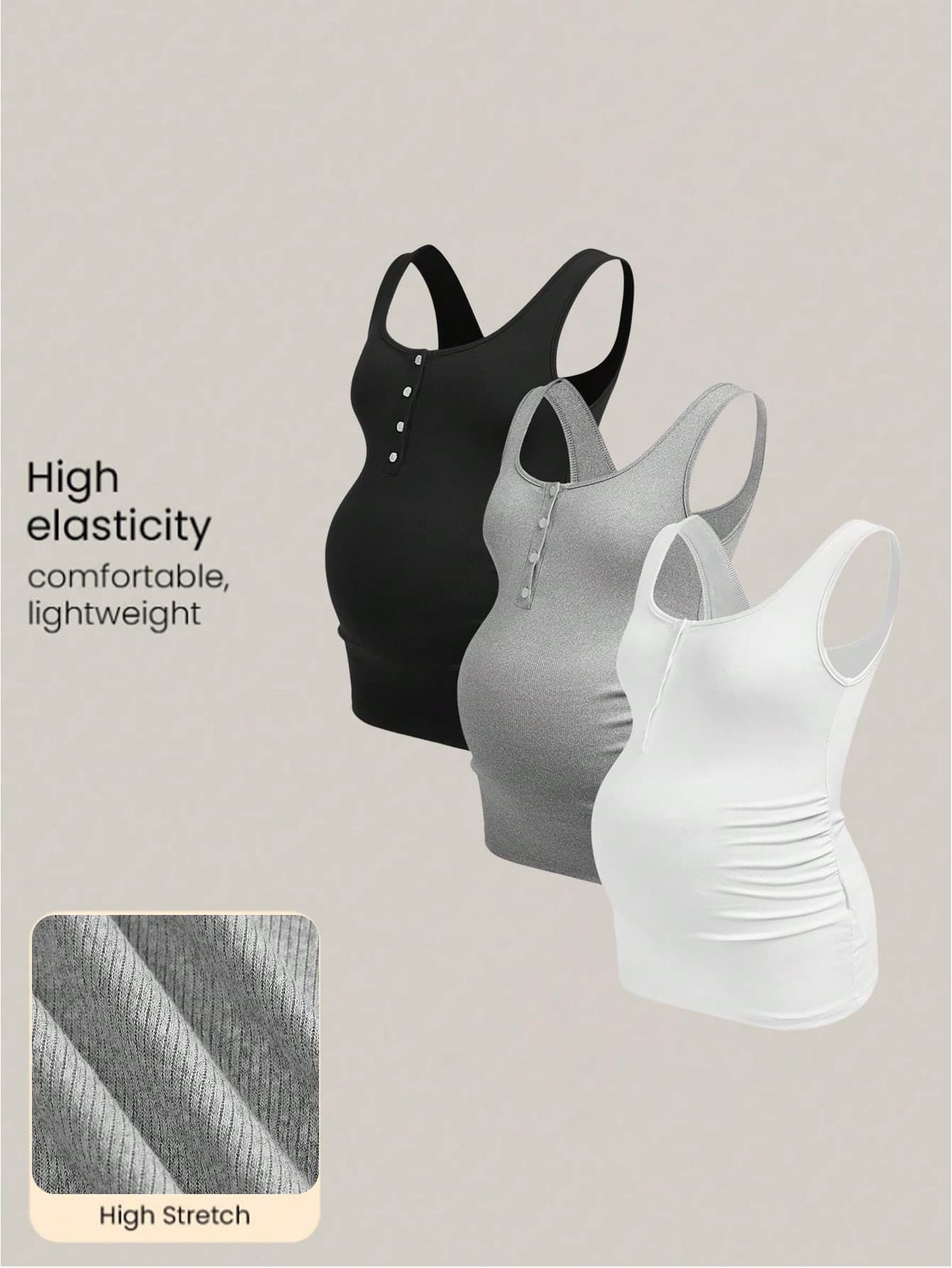 Modmama 3pcs/Set Maternity Solid Color Pleated Nursing Function Casual Versatile Daily Outing Tops