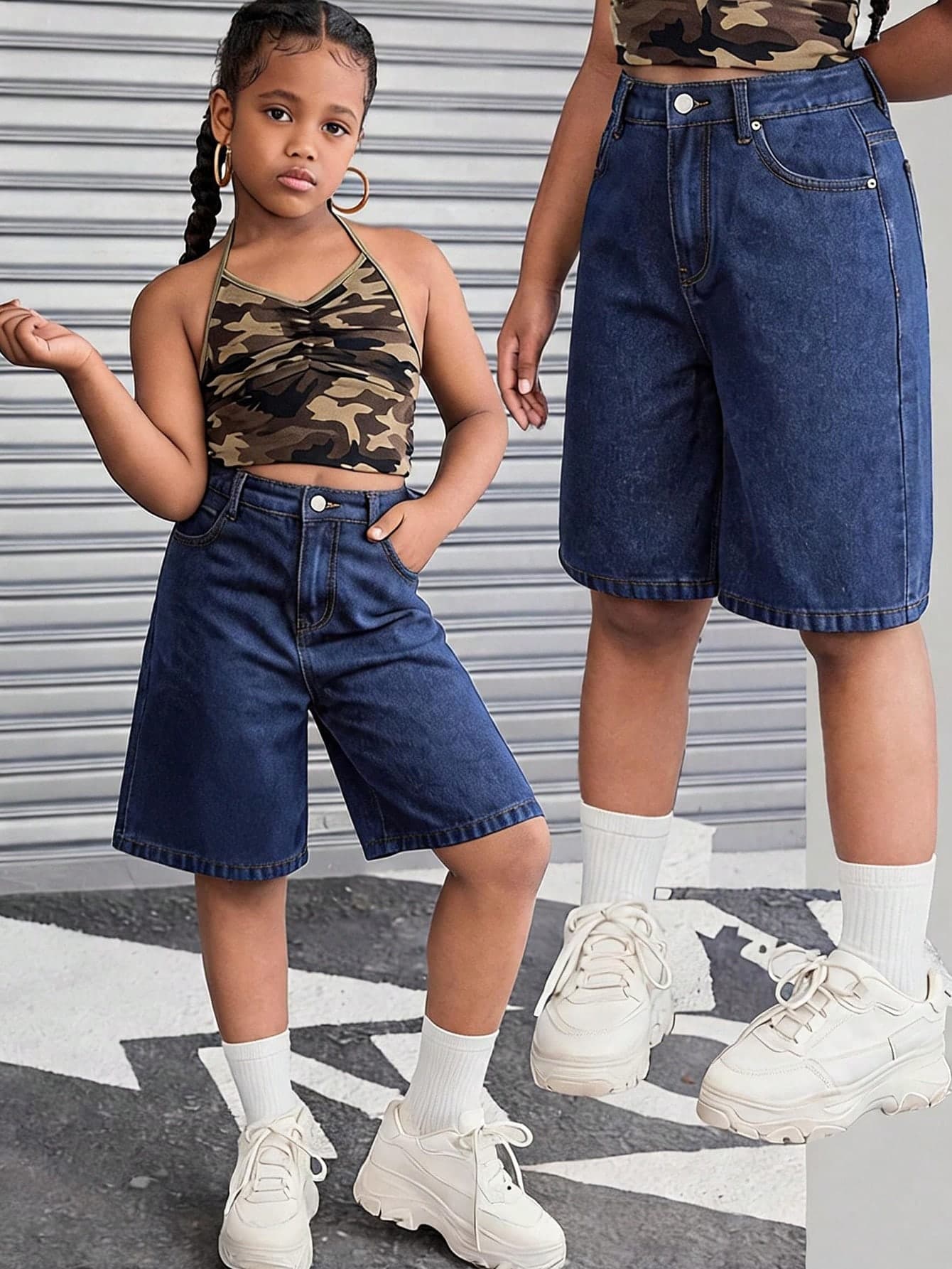 SHEIN Tween Girls Trending Retro Washed Loose Fit Baggy Bermuda Denim Shorts With Slanted Pockets,Girls Spring Summer Break Beach Boho Summer Clothes Streetwear Concert Rave Festival Outfits
