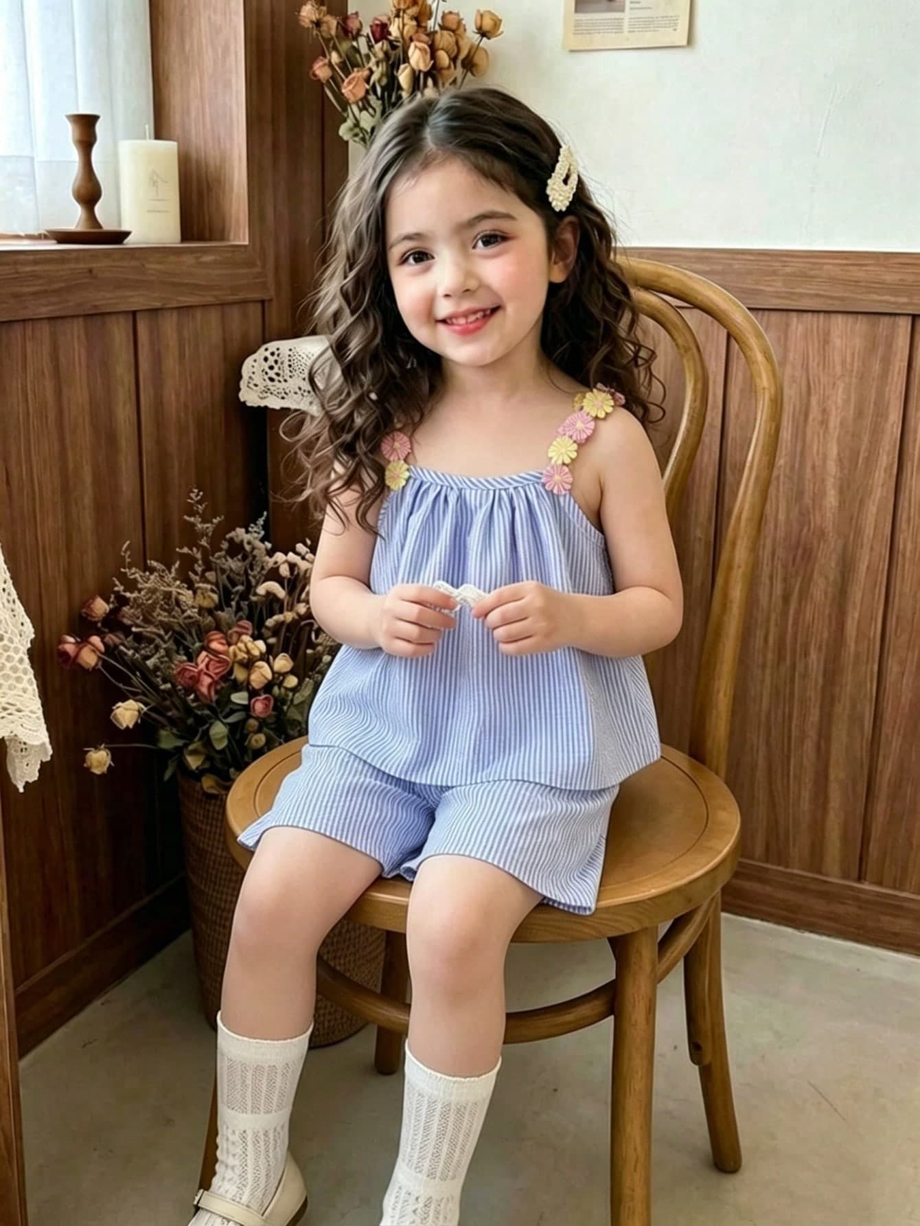 Young Girls Pink Striped Camisole Top & Pink Bow Cute Sweet Outfit, Summer Children Comfortable Casual Wear