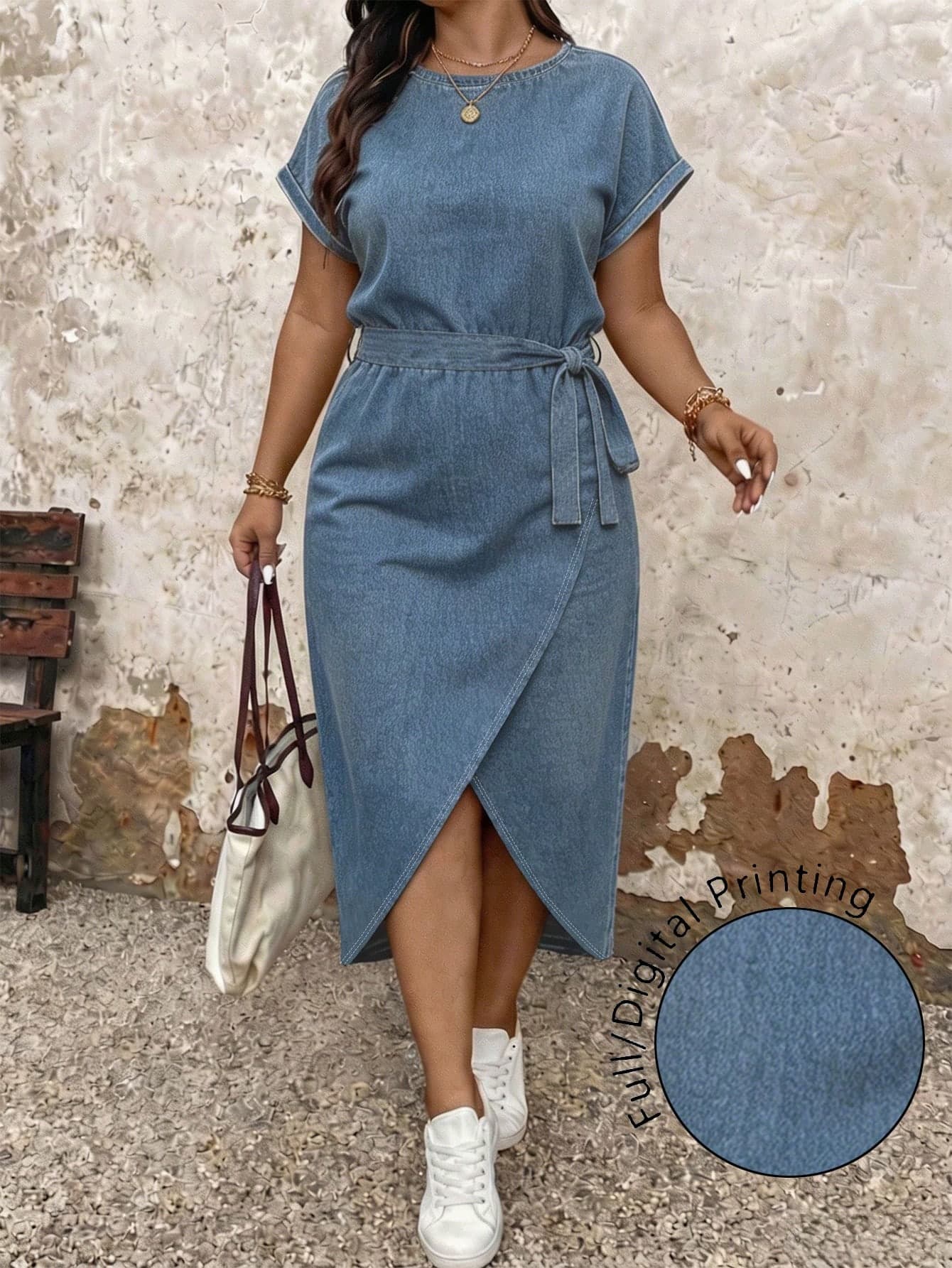 EMERY ROSE Plus Size Casual Minimalist Blue Short Sleeve Dress For Women, Fitted Bodycon Summer Dress With Asymmetrical Hem And Belt