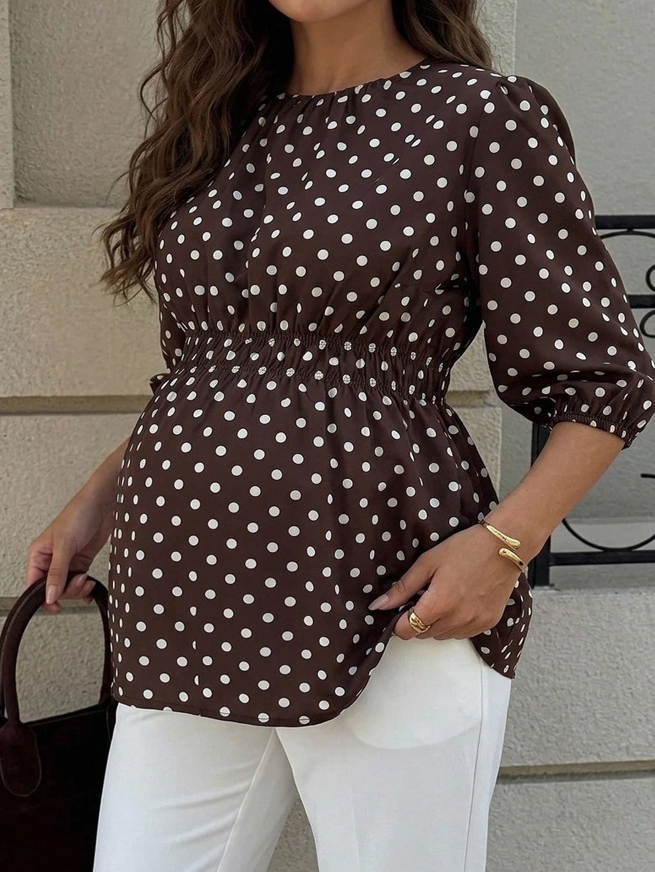 MaterniWear Brown Polka Dot Pleated Maternity Shirt Friendly To Pregnant Women Suitable For Autumn Casual Commuting Baby Shower