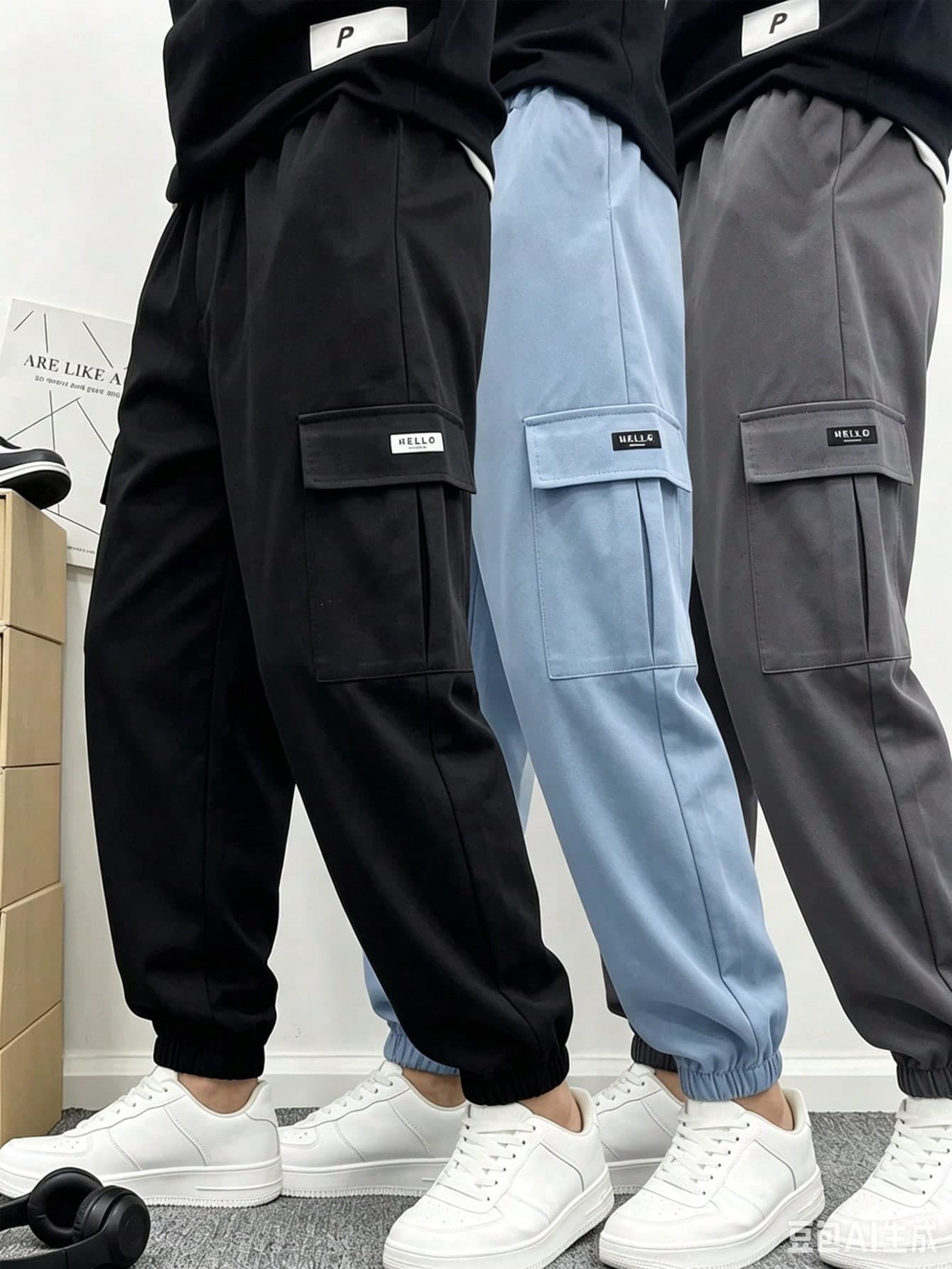 SHEIN 3pcs/Set Kids/Tween Boys' Casual Sports Pockets Loose Drawstring Cargo Pants,Black,Summer,Streetwear,School,Back-To-School,Solid Color Daily Travel