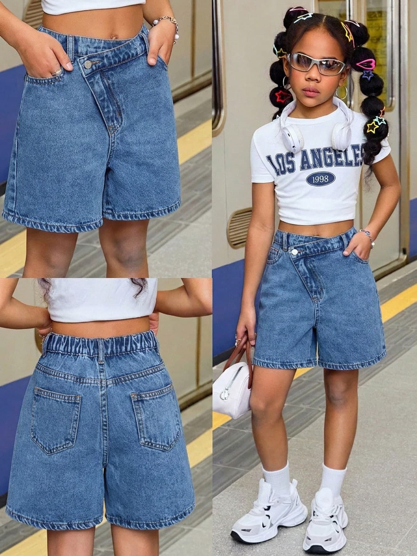 SHEIN Tween Girls Spring Summer Y2K Streetwear Stonewashed Asymmetrical Waist Baggy Denim Jeans Long Shorts,Girls Summer Boho Beach Vacation Outfits,Tween Girl Summer Rave Concert Outfits
