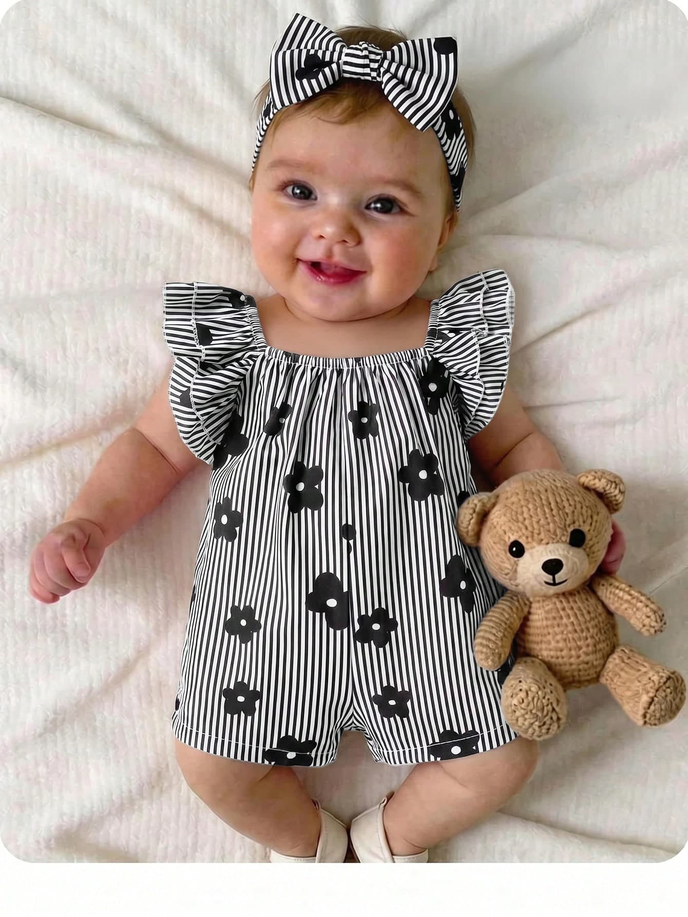 SHEIN Newborn Baby Girl Cute Summer Casual Pink & White Striped Bow Romper