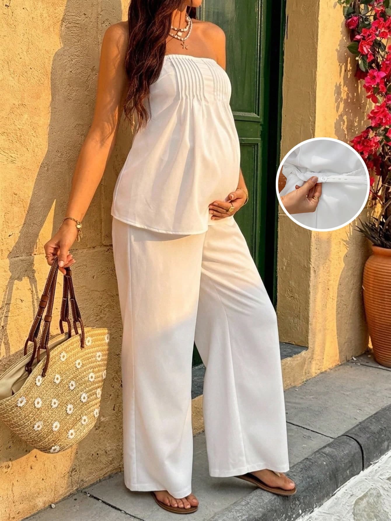 SHEIN Maternity Vacation Solid Color Bandeau Top And Adjustable Waist Loose Pants 2 Pieces Set