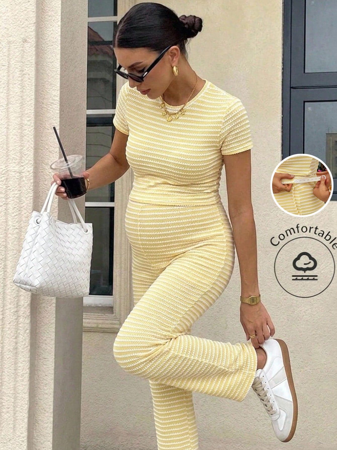 SHEIN 2pcs Maternity Casual Striped Round Neck Short Sleeve T-Shirt And Pants Set, Summer