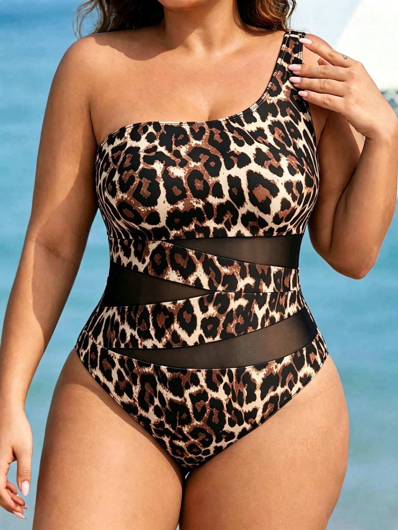 Swim Lushoire Plus Size Summer Vacation Beach Vacation Sexy Leopard Print Contrast Mesh One Shoulder One-Piece Swimsuit Beige