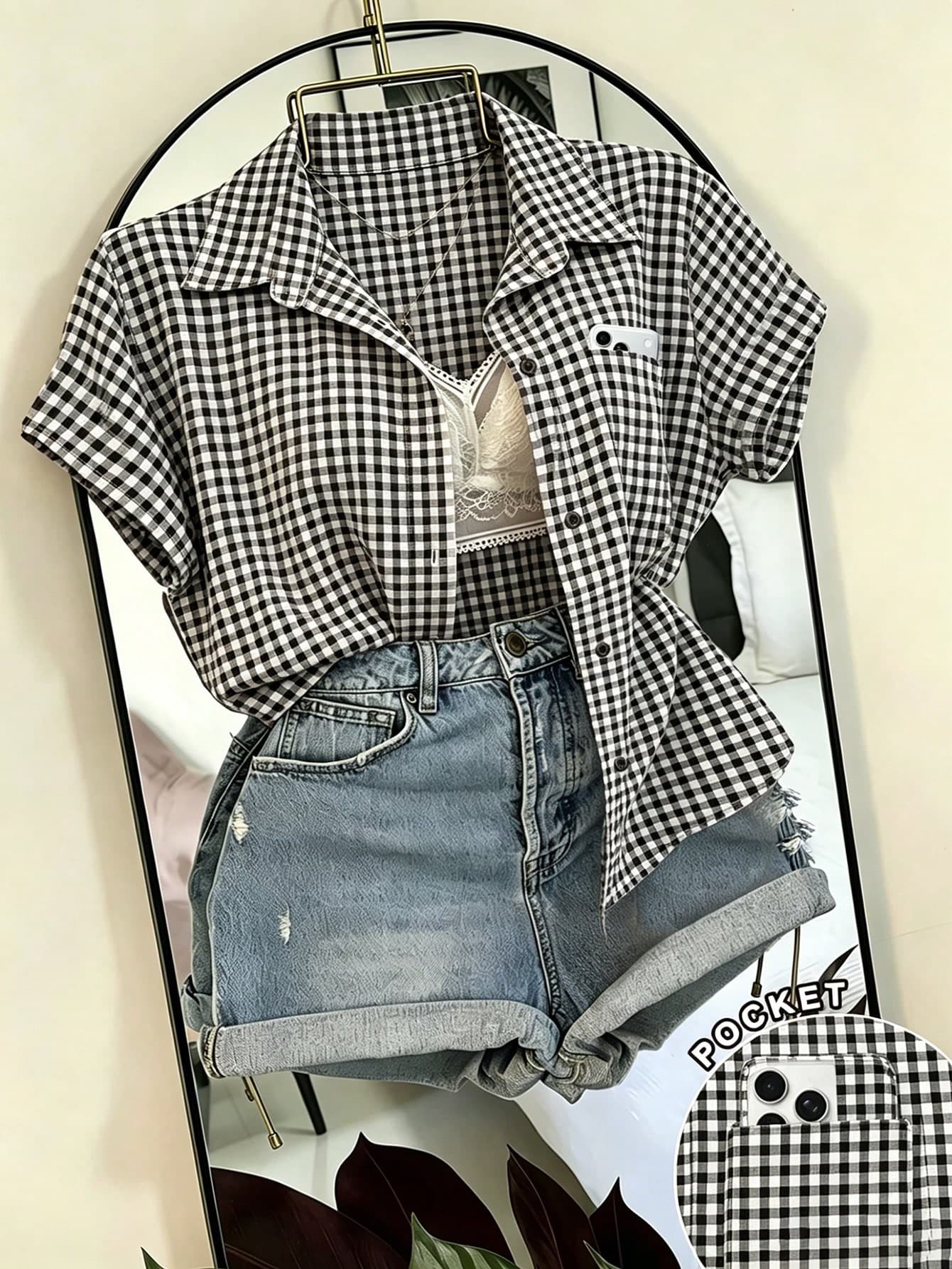 Franclia Women's Short Sleeve Single-Breasted Casual Plaid Pocket Shirt