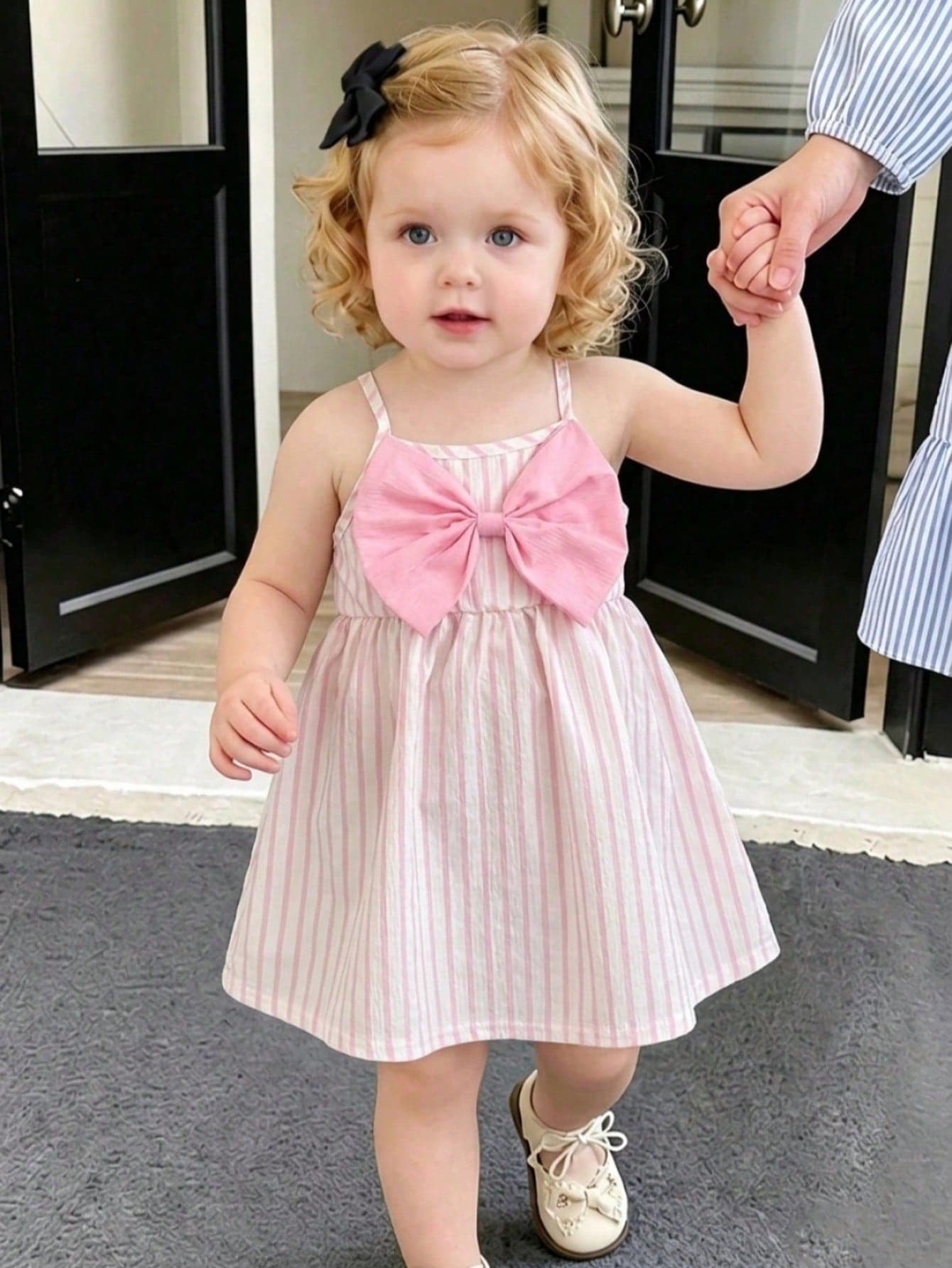 Souflis Souflis Baby Girls' Cute Pink And White Striped Summer Cami Dress With 3D Bow Decor,Elegant Casual Woven Fabric Birthday Party Dress,Fashionable Daily Wear