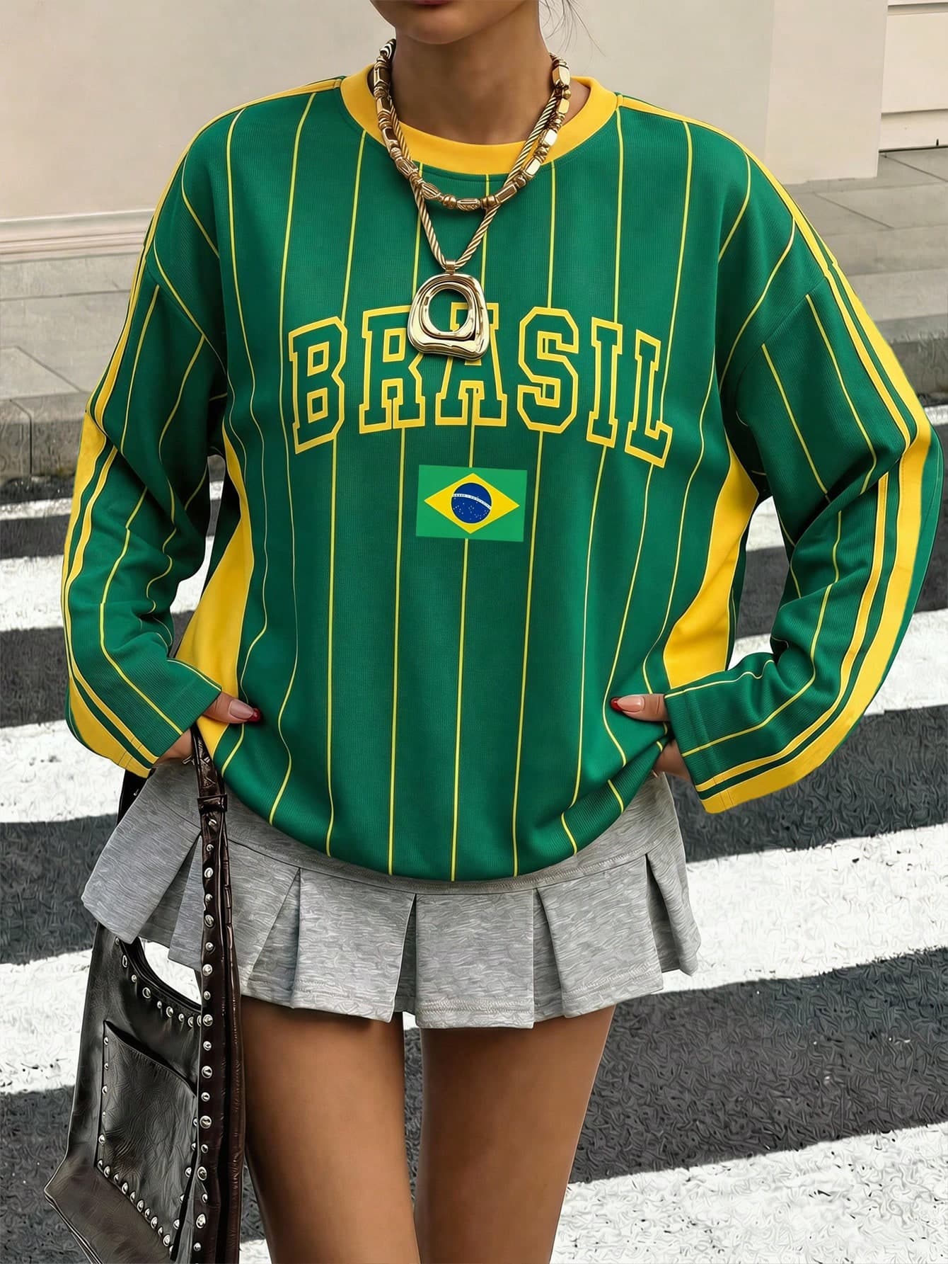 Muchica Plus Size Women Letter Print Colorblock Casual Cowboy Versatile Everyday Long Sleeve T-Shirt Autumn Date Night Green Fall
