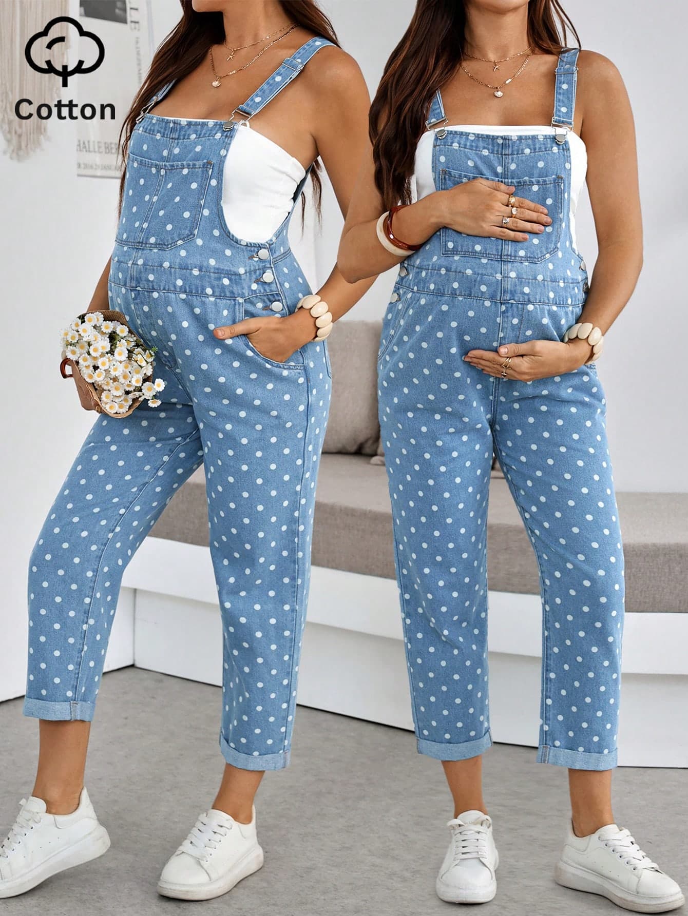 SHEIN Women's Polka Dot Maternity Denim Overalls,Dusty Blue Adjustable Bib Pants For Expecting Moms,Summer Casual Jumpsuit For Baby Shower,Beach & Vacation