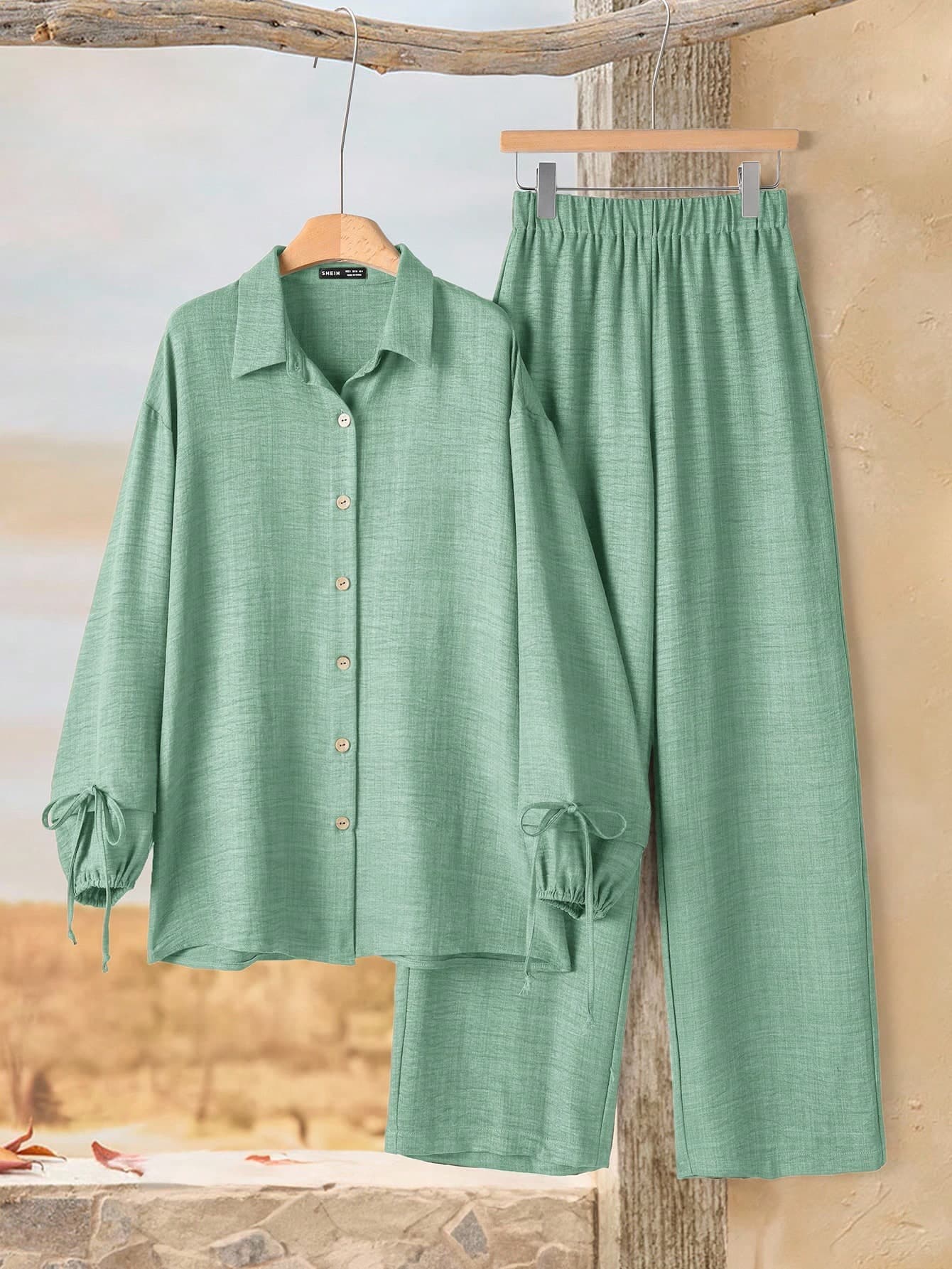 Rusticease Women's Solid Color Long Sleeve Single-Breasted Shirt And Pants Casual Two Pieces Set Loungewear Mint Green Autumn