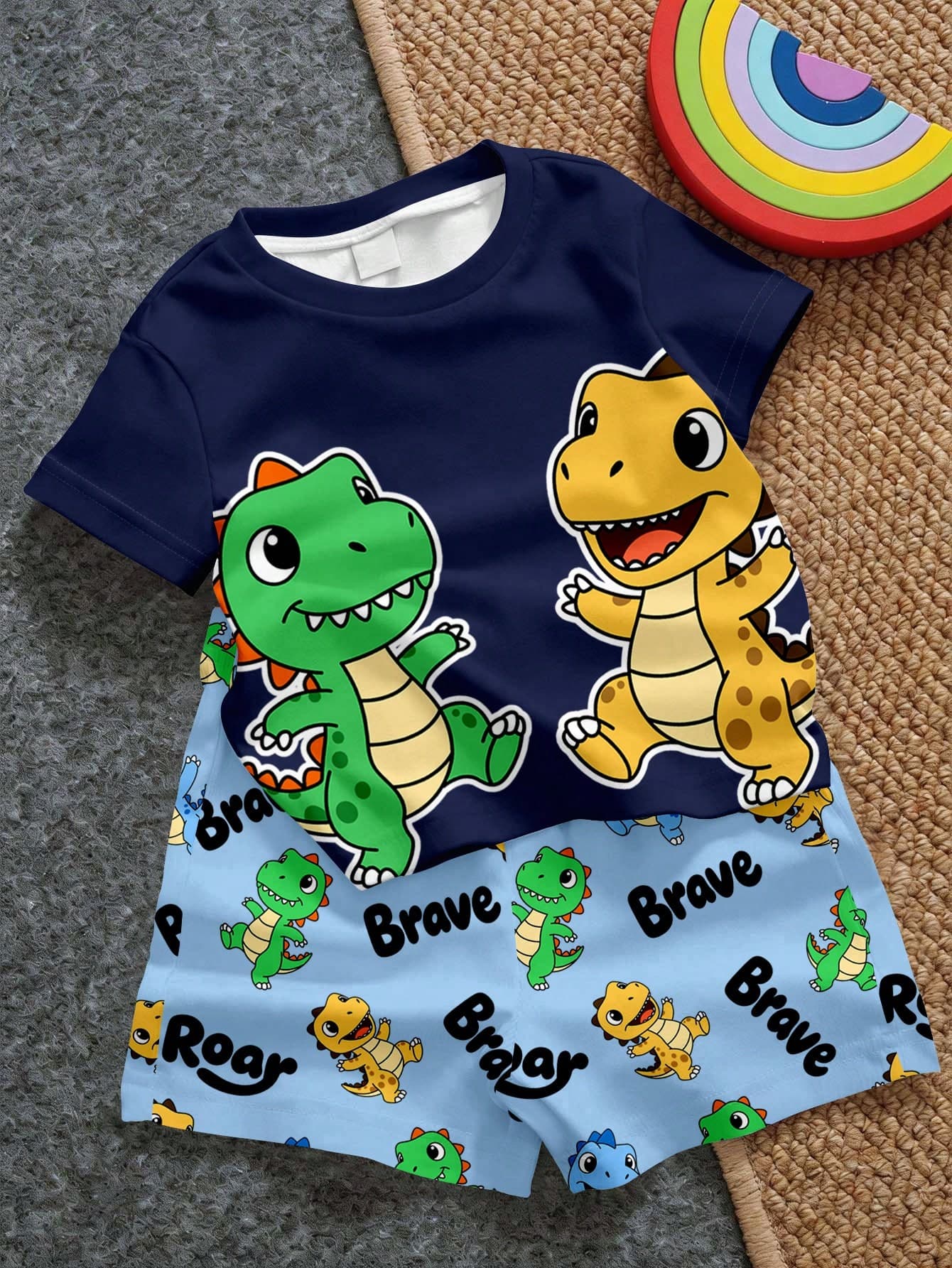 Kids Young Boy Casual Minimalist T-Shirt Set, Classic Cute Cartoon Dinosaur Print, Suitable For Spring And Summer