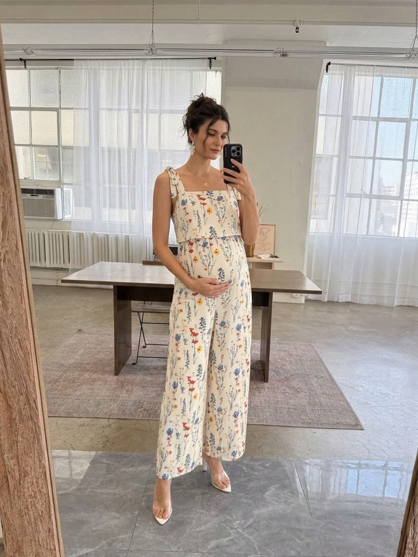 SHEIN Adjustable Length Maternity Casual Floral Jumpsuit,Summer Boho Babyshower Blue Butterfly Holiday Maxi Dress For Pregnant Women