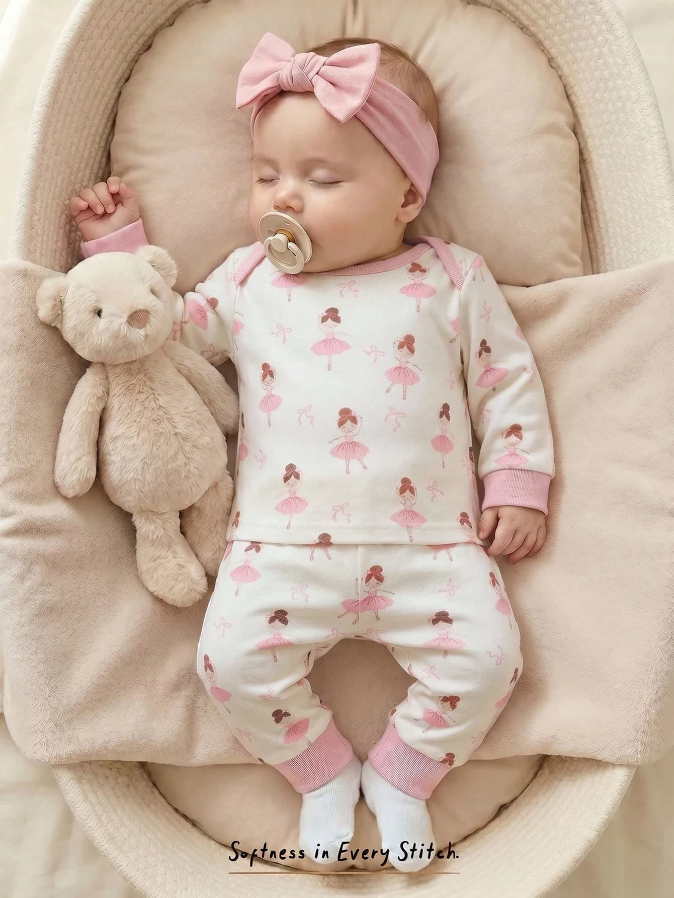 Cozy Pixies Newborn Baby Girl Cartoon Bear Pattern Knit Soft Round Neck Long Sleeve Pullover Top Elastic Waist Long Pants 2-Piece Set