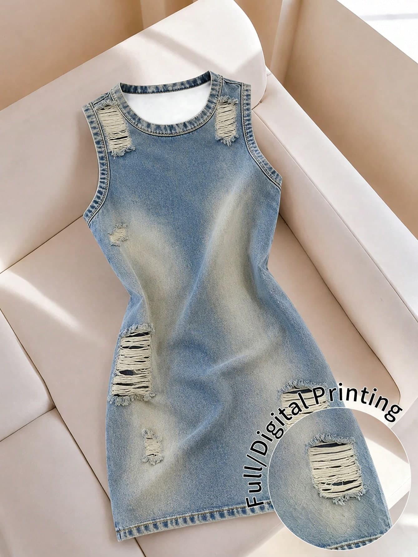 Resyla Women's Summer Y2K Grunge Blue Graphic Print Crew Neck Sleeveless Bodycon Mini Dress 2026