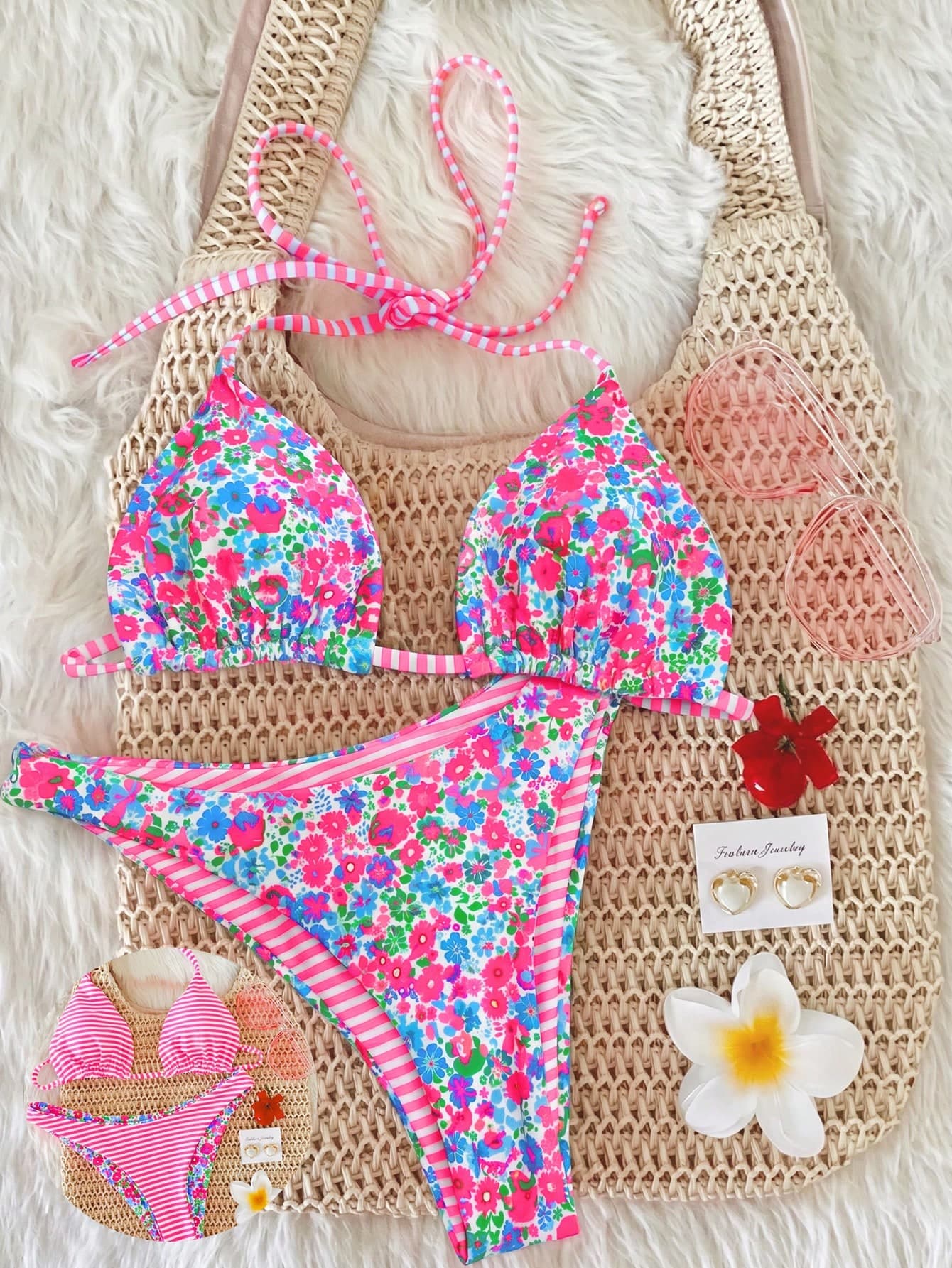 Swim Mod 2pcs/Set Women Cute Pink Floral Bikini Set,Reversible Halter Top And Adorable Bottoms,Summer Boho Casual Holiday Vacation Pool Party Random Print
