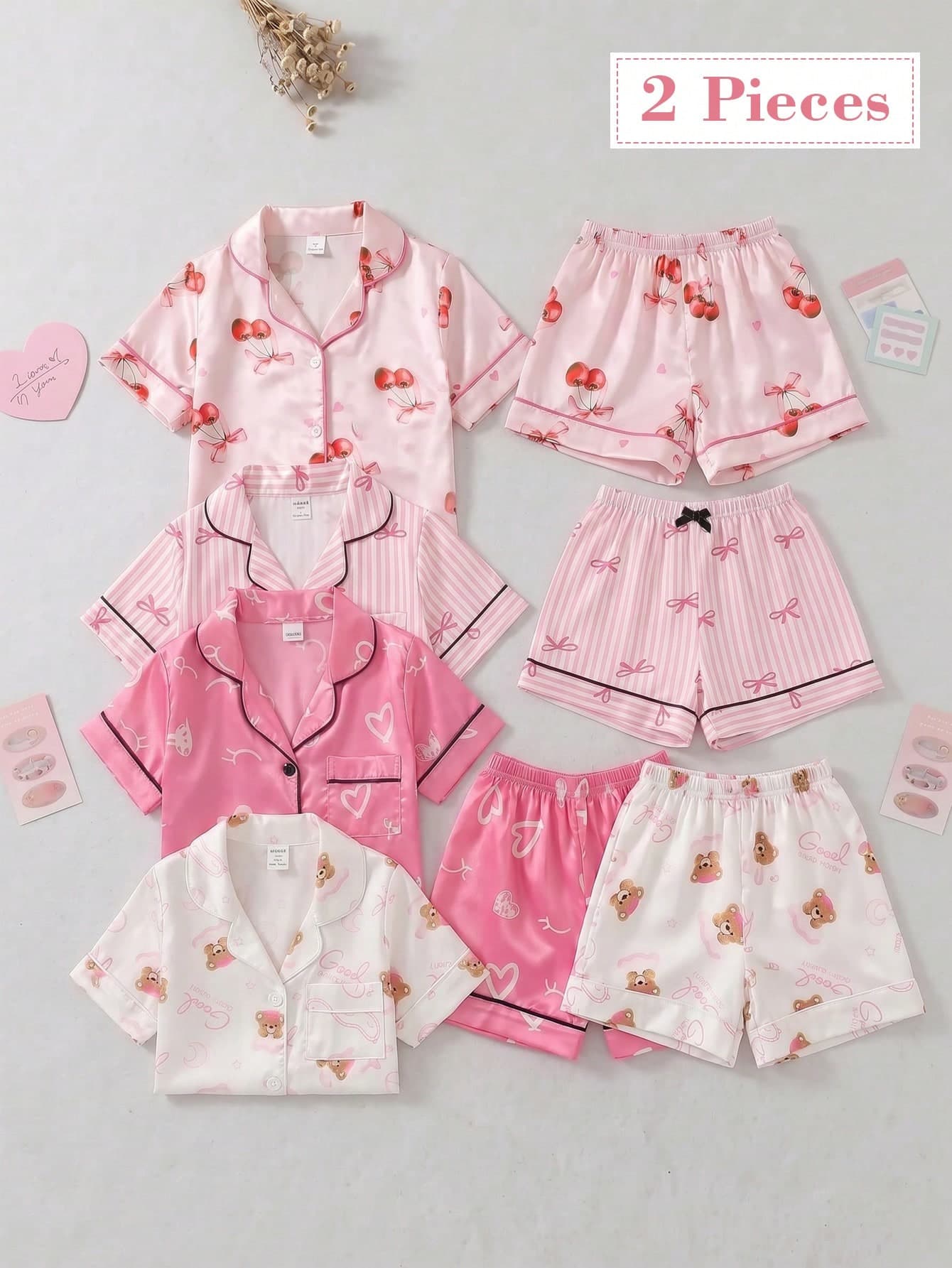 2pcs/Set Toddler Girls' Pink Fairy Holiday Family Matching Faux Silk Pajama Set,Cherry Fruit Print Lapel Cardigan Short Sleeve Top&Shorts Sleepwear