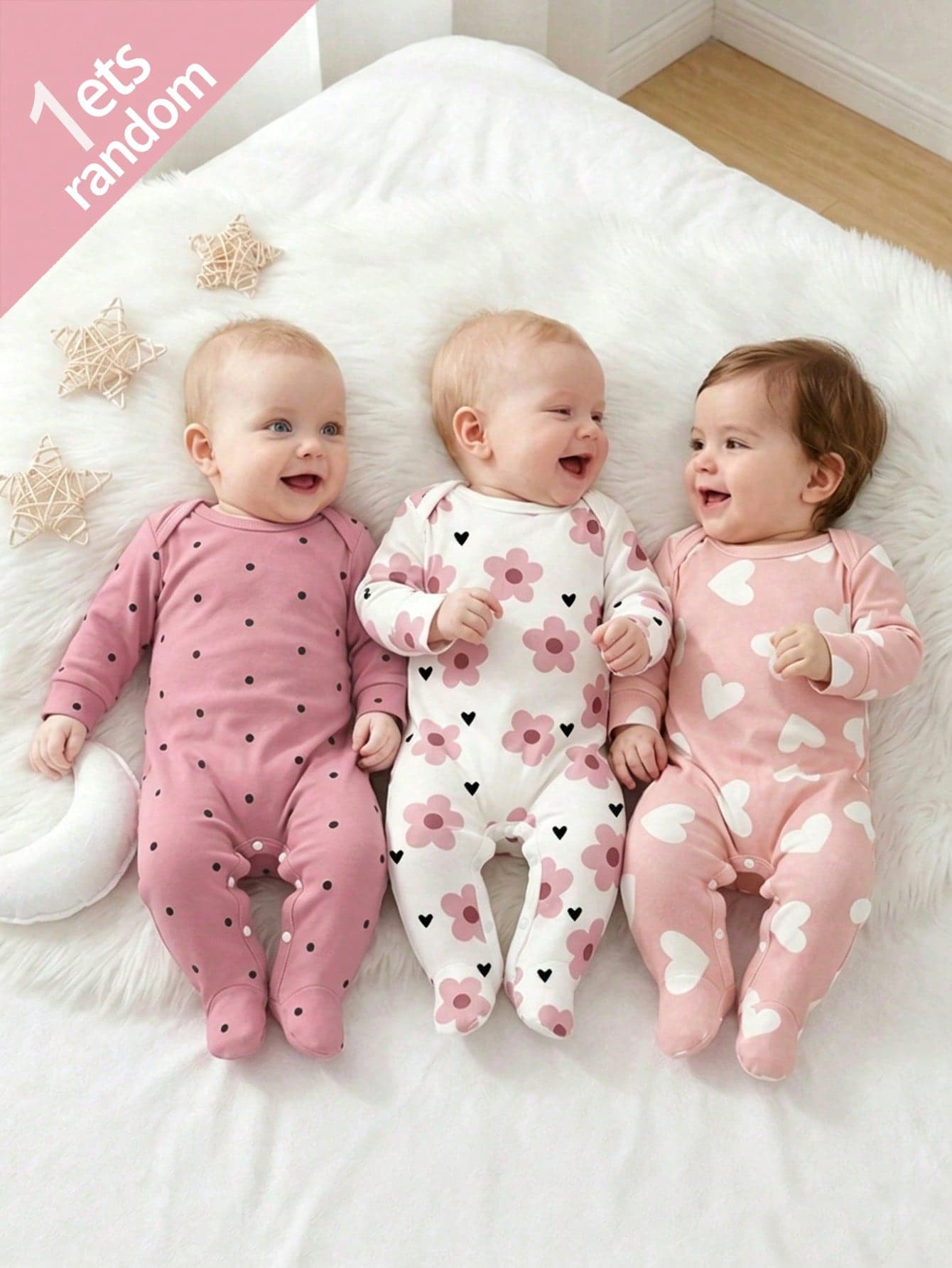 SHEIN Vintaside Kids [1 Set Random] Newborn Baby Pink Heart Floral Dot Print Round Neck Long Sleeve & Footed Jumpsuit Pajamas Soft Fabric Casual Spring