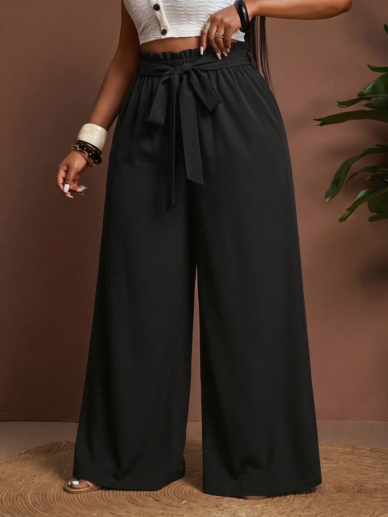 Veslaya Plus Size Women's Casual Loose Black Pants, Suitable For Vacation, Casual Outings, Beach, Getaways, Bonfires Fall