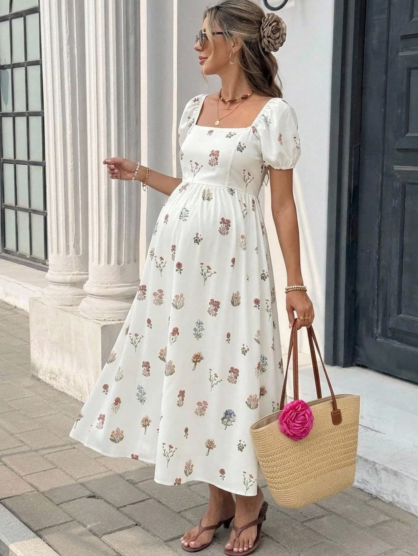 SHEIN Floral Print Maternity Dress, Fashionable Vacation & Beach Date Outfit