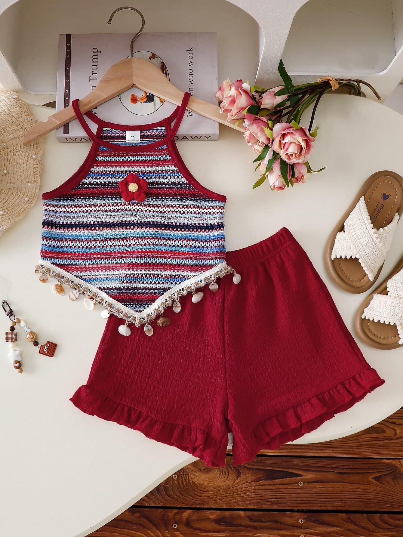 SHEIN Genkimix Kids Summer New Vacation Casual Cute Girls' Camisole V-Neck Crochet Striped Beach Fabric Cute Crochet Flower Shell Trim Top With Matching Textured Ruffle Shorts Set