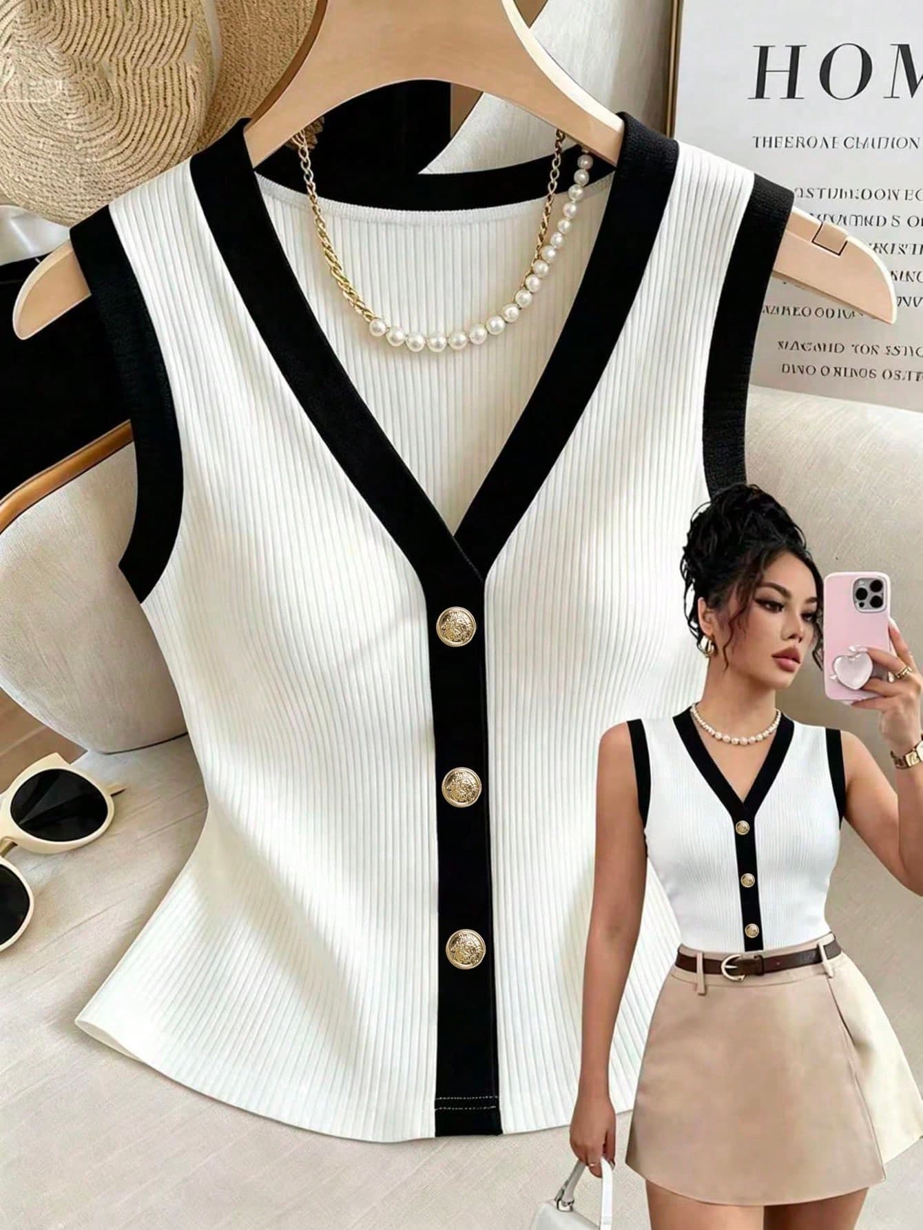 Franclia Women's Elegant Black And White Contrast Ribbed Vest,Summer V-Neck Cinched Waist Metal Buckle Top For Brunch,Resort Wear Festival Carnival Clothing