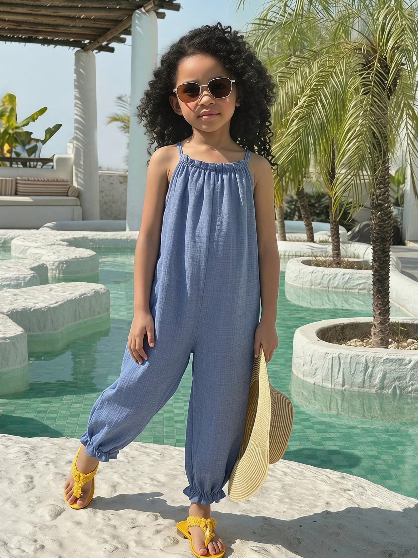 SHEIN Young Girl Casual Fashionable Spaghetti Strap Blue Jumpsuit