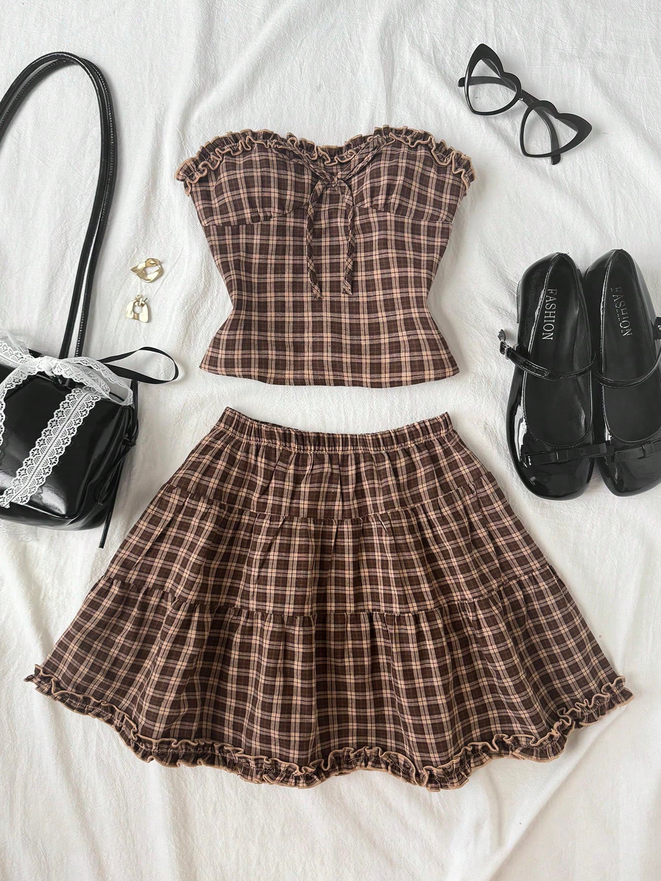 SHEIN Tween Girls Spring Summer Knit Jacquard Textured Camisole Top With Ruffle Hem A-Line Tiered Skort Set, 2pcs Casual Vintage Outfit For Outings And Vacations