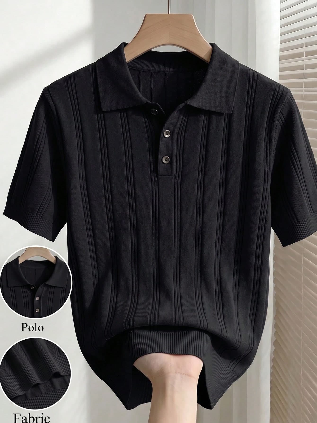 Manfinity Homme Men's Black Short Sleeve Knit Polo Shirt,Summer Smart Casual Office Commuter Top,Solid Color Single-Breasted Versatile Holiday Vacation Beach Outfit