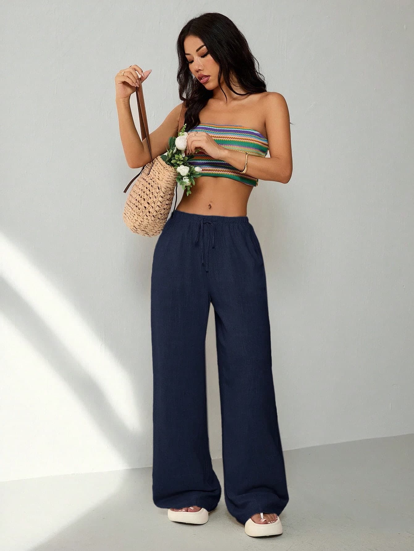 SHEIN PETITE Women's Casual Solid Color Drawstring Waist Pocket Long Pants ,Petite Women