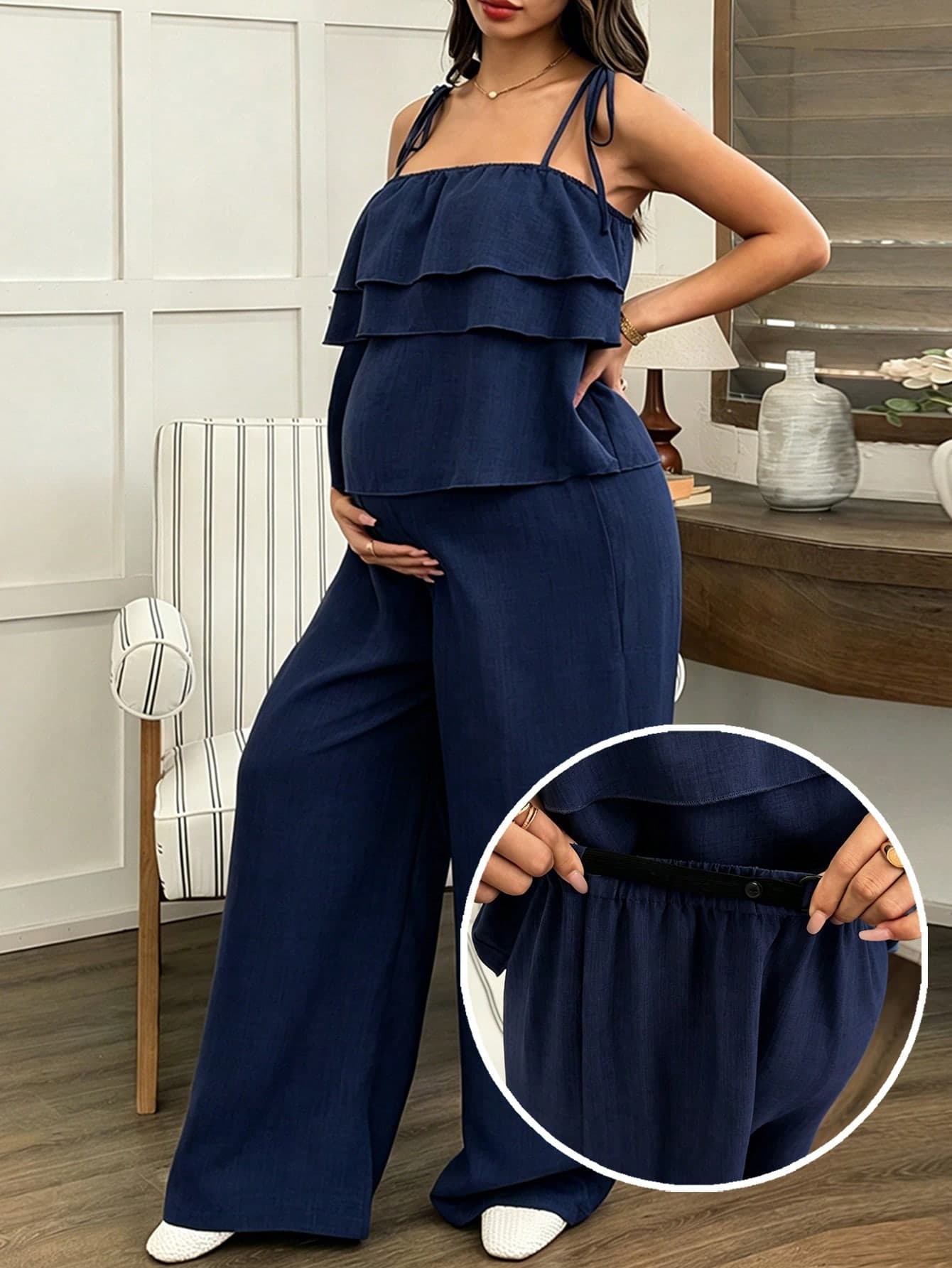 Dazy Maternity Vacation Style Casual Ruffle Camisole Top And Adjustable Waist Loose Long Pants Maternity 2 Pieces Set Summer
