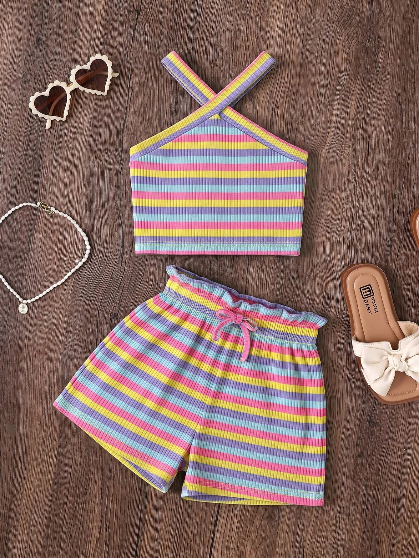 Emery Rose Kids Emery Rose Kids Young Girl Casual Vacation Elegant Striped Jacquard Knit Form-Fitting Shirred Short Sleeve Top And Matching Pants Set Striped Outfit Set Outfits Sets Black And White Outfit Set Striped Two Pieces Set Striped Pants Striped Top Young Girl Sets Young Girl Summer Outfits Young Pant Set Spring And Summer Striped Short Sleeve Suit