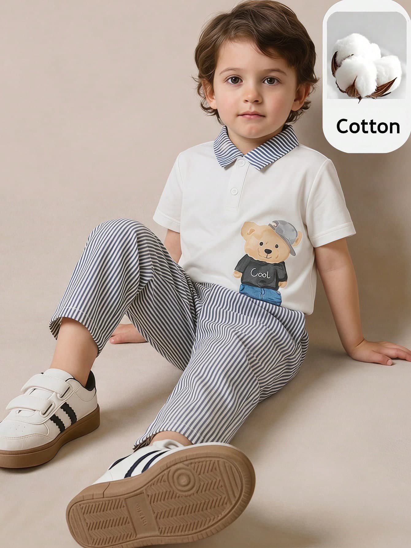 PrepCrw 2pcs Young Boys Cute Bear Pattern Blue Striped Polo Collar Short Sleeve Top And Pants Set,Elegant Urban School Style Back-To-School Summer Outfits