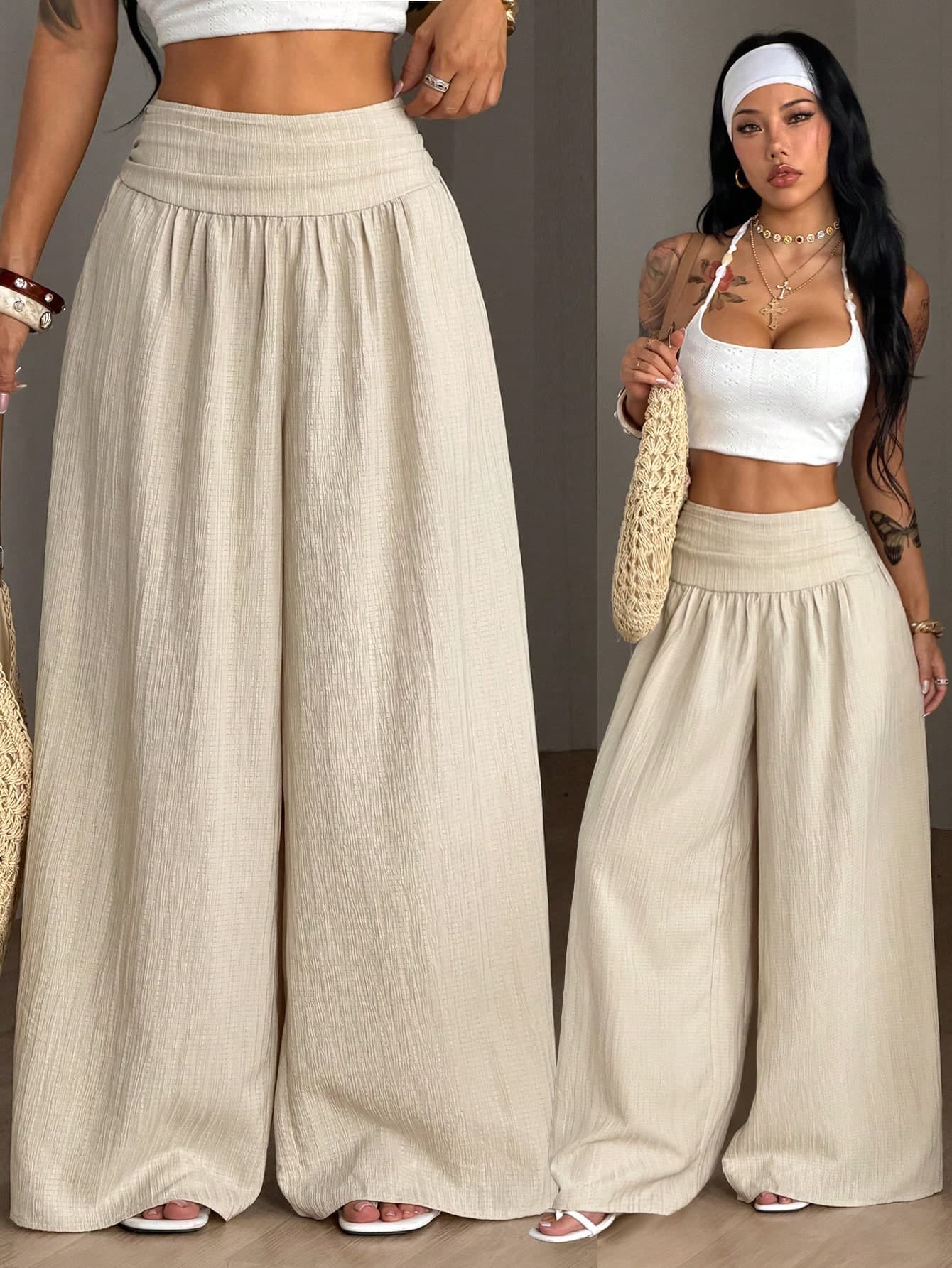 Coolane Women's Summer Casual Vacation Beige Loose Textured Wide Leg Pants, Resort Wear, Fall Women , Vacations For Summer
