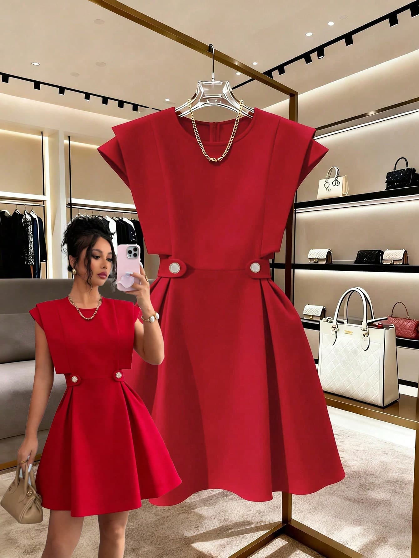 Elenzga Red Summer Elegant Ellegant Party Bar Party Dress,Women's Vacation Work Commute Luxury Formal Midi Dress With Belt
