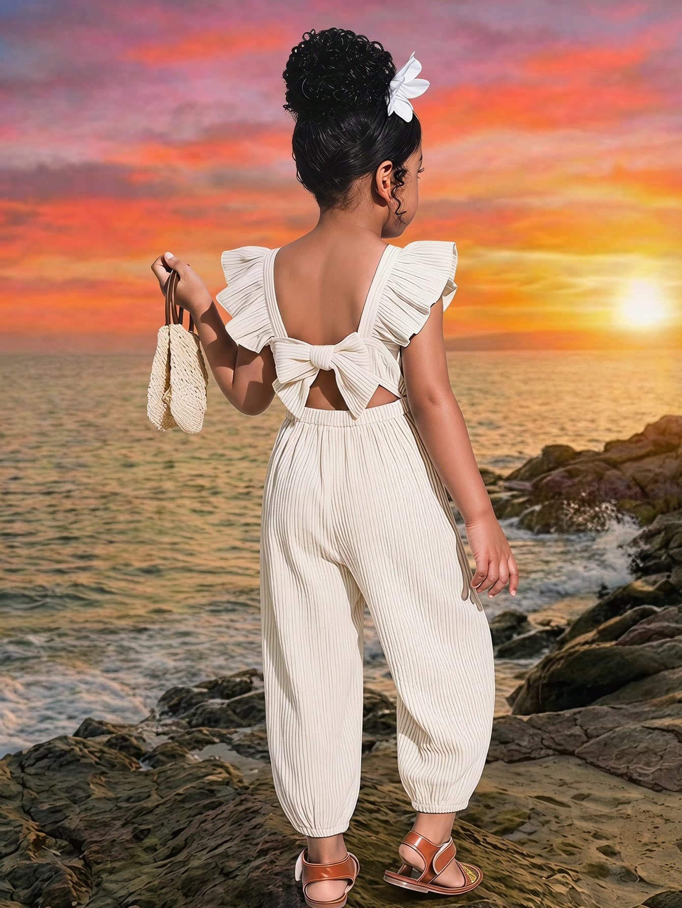 SHEIN Girls' Vacation Style Backless Jumpsuit, Off-White Textured Fabric, Flutter Sleeve Design, Large Bow Back Cutout Decoration, Cuffed Leg Style, Comfortable Summer Children's Pants, Sweet Niche Design Baby Beach Outfit