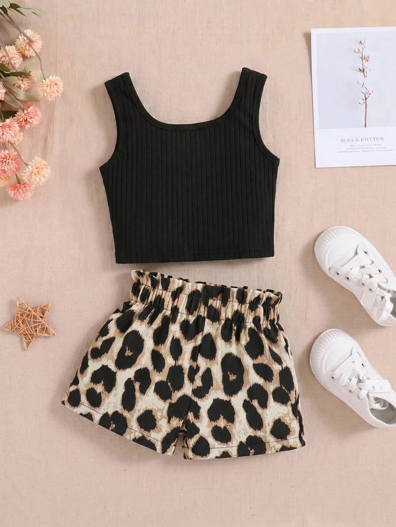 SHEIN 2pcs Young Girl Bohemian Knitted Camisole Top And Leopard PrintShort Set,Kids Summer Matching Outfit For Family Vacation Holiday,Side Ruched Midi