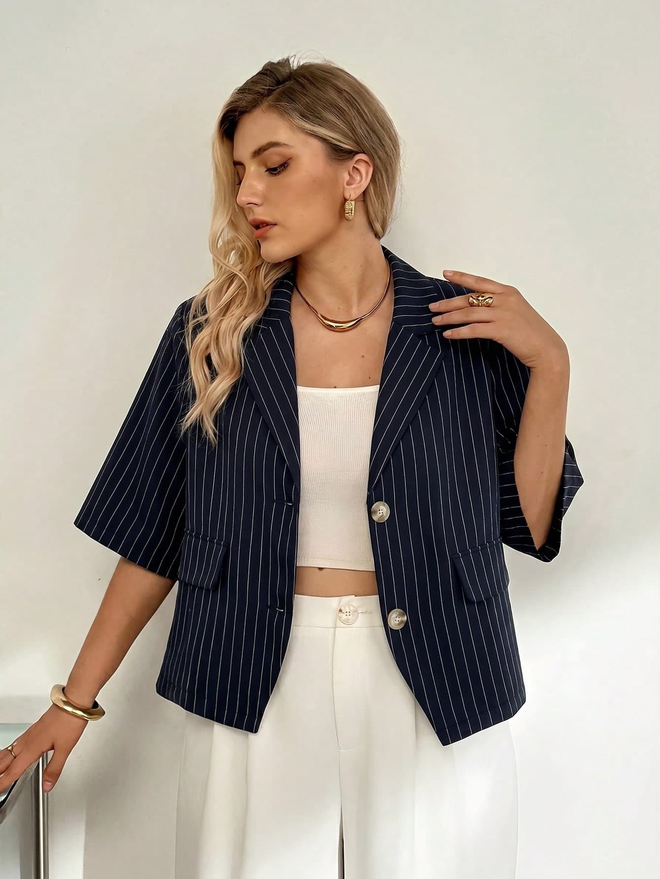 Auralis Plus Size Women's Navy Blue Single-Breasted Casual Streetwear Versatile Everyday Blazer Outfits Office Outfits For Women Summer Fall/Winter Business