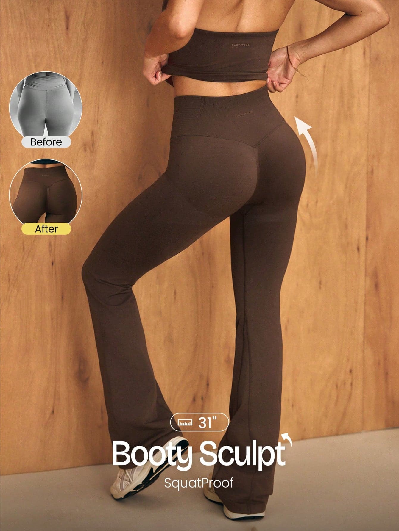 GLOWMODE 31" Ultrafine Soft Seamless SunFlow High Waist Sculpting Fit Seamless Butt Lift Compression Double Layer Coverage Flare Leggings Gym Summer