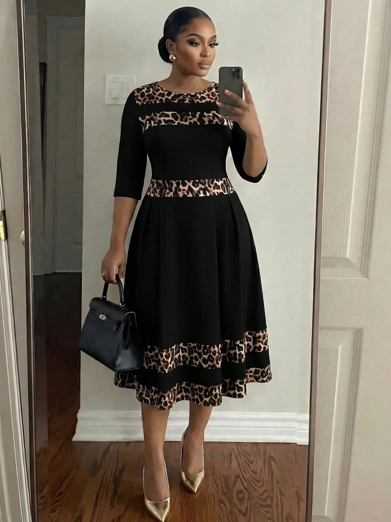 SHEIN Lady CURVE Elegant Plus Size 's Midi Dress With Leopard Print Details Quarter Sleeve Modern Chic Party Office Autumn Black Fall
