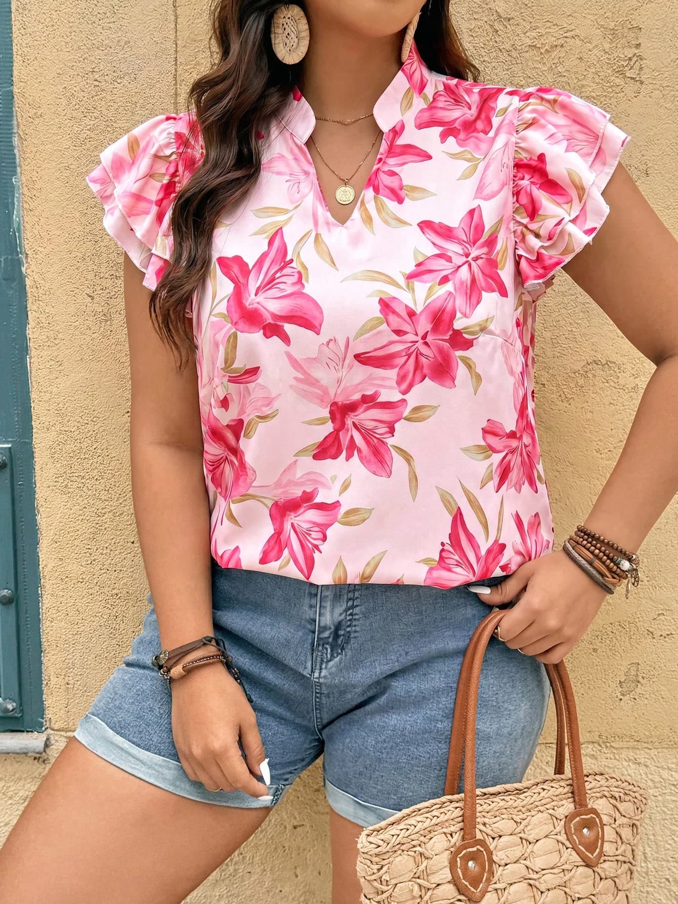 Breezaya Plus Size Women's Floral Print Ruffle Sleeve Elegant Vacation Blouse Pink Summer