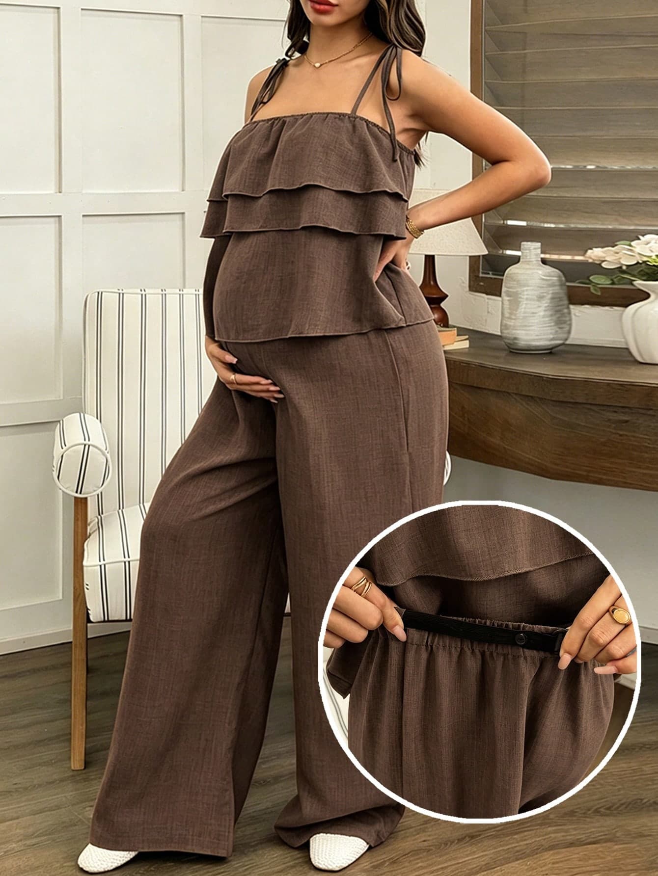 Dazy Maternity Vacation Style Casual Ruffle Strap Top And Adjustable Waist Wide Leg Pants Maternity 2 Pieces Set Summer
