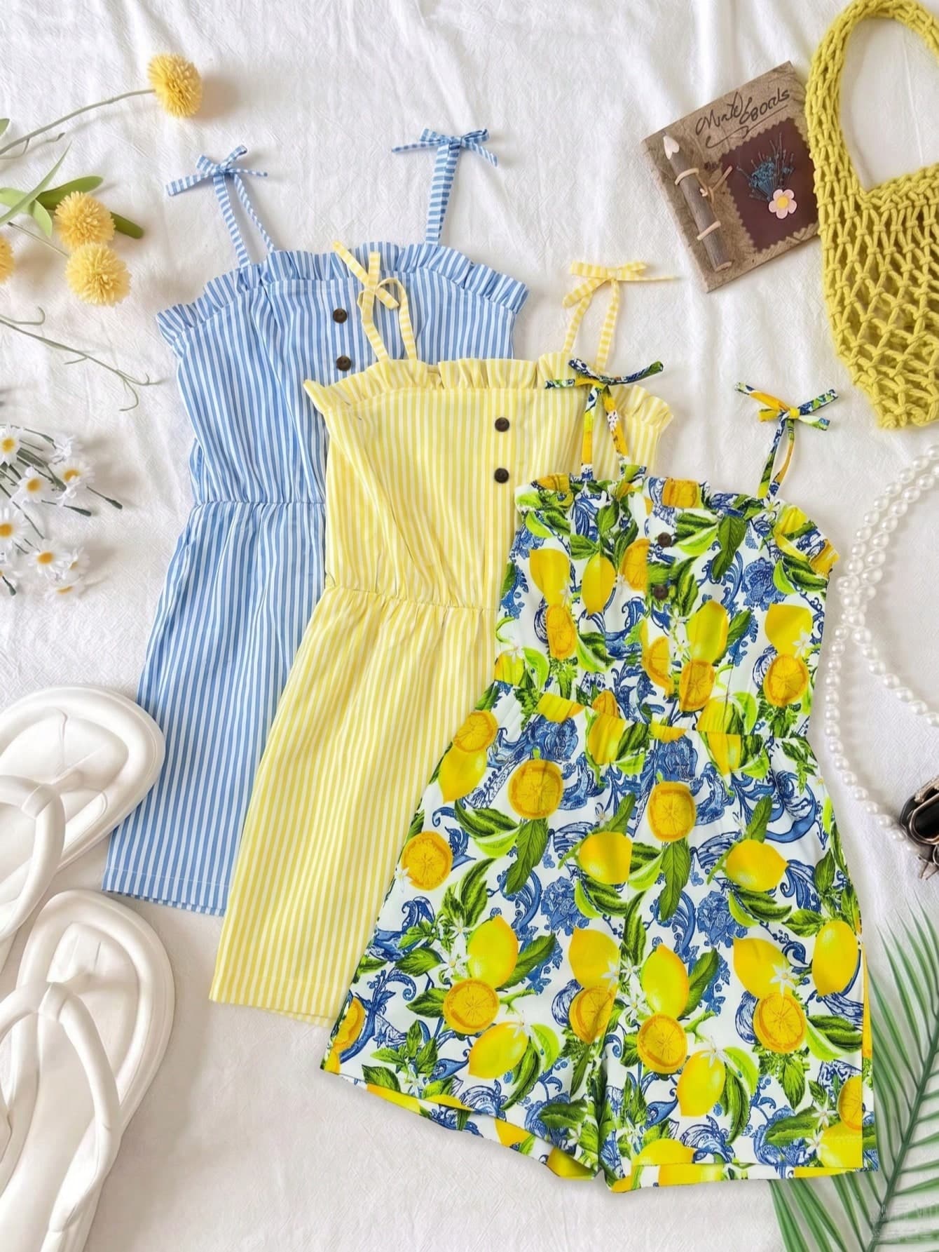 SHEIN Sparklyn 3pcs/Set Tween Girls Romper,Blue And White Floral Striped Solid Color Summer Cute Vacation Holiday Outfits For Beach Outdoor Play School
