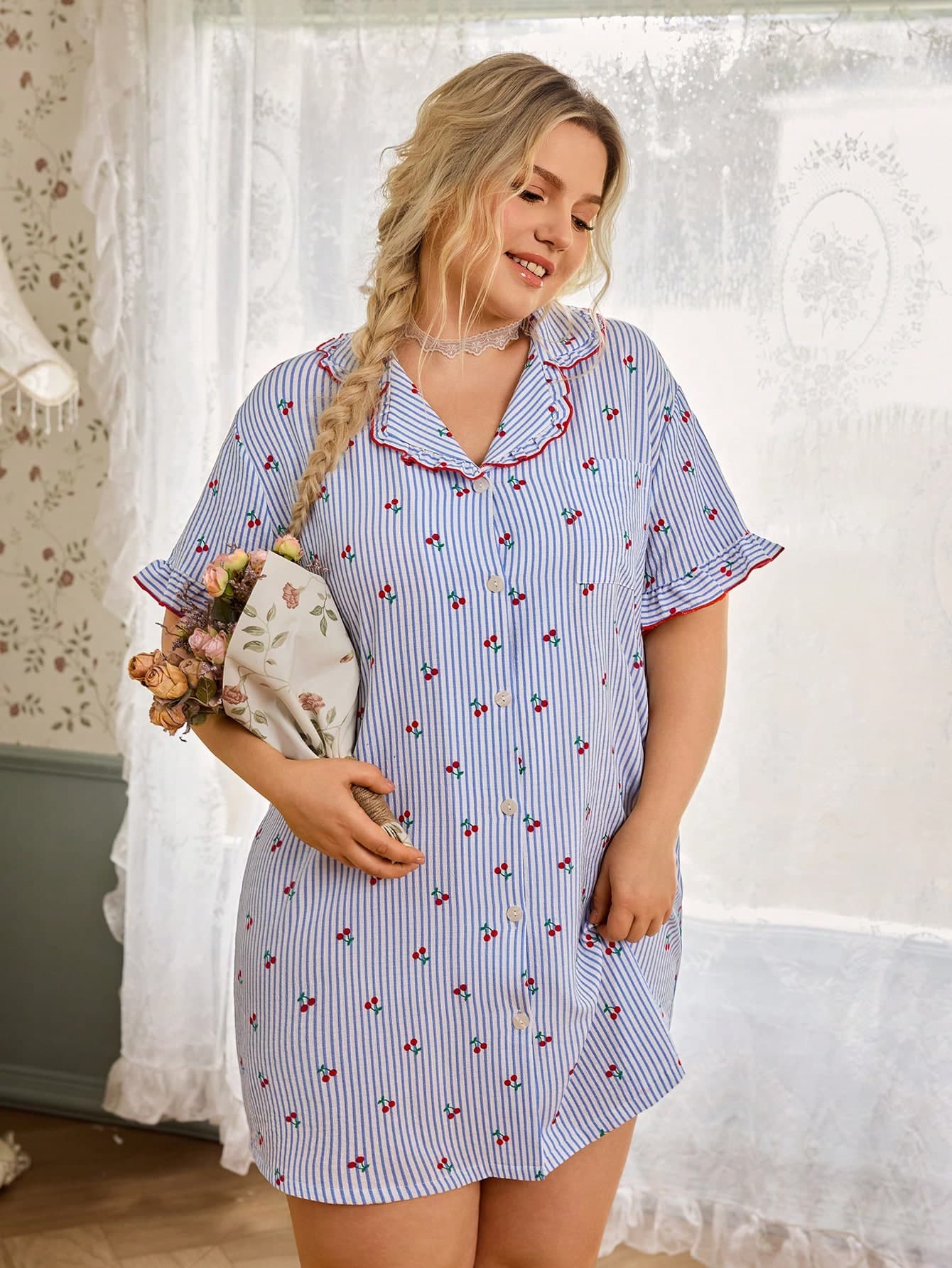 CottageSlumber Plus Size Bubble Crinkle Striped Cherry Print Frill Trim Open Front Lapel Short Sleeve Nightgown