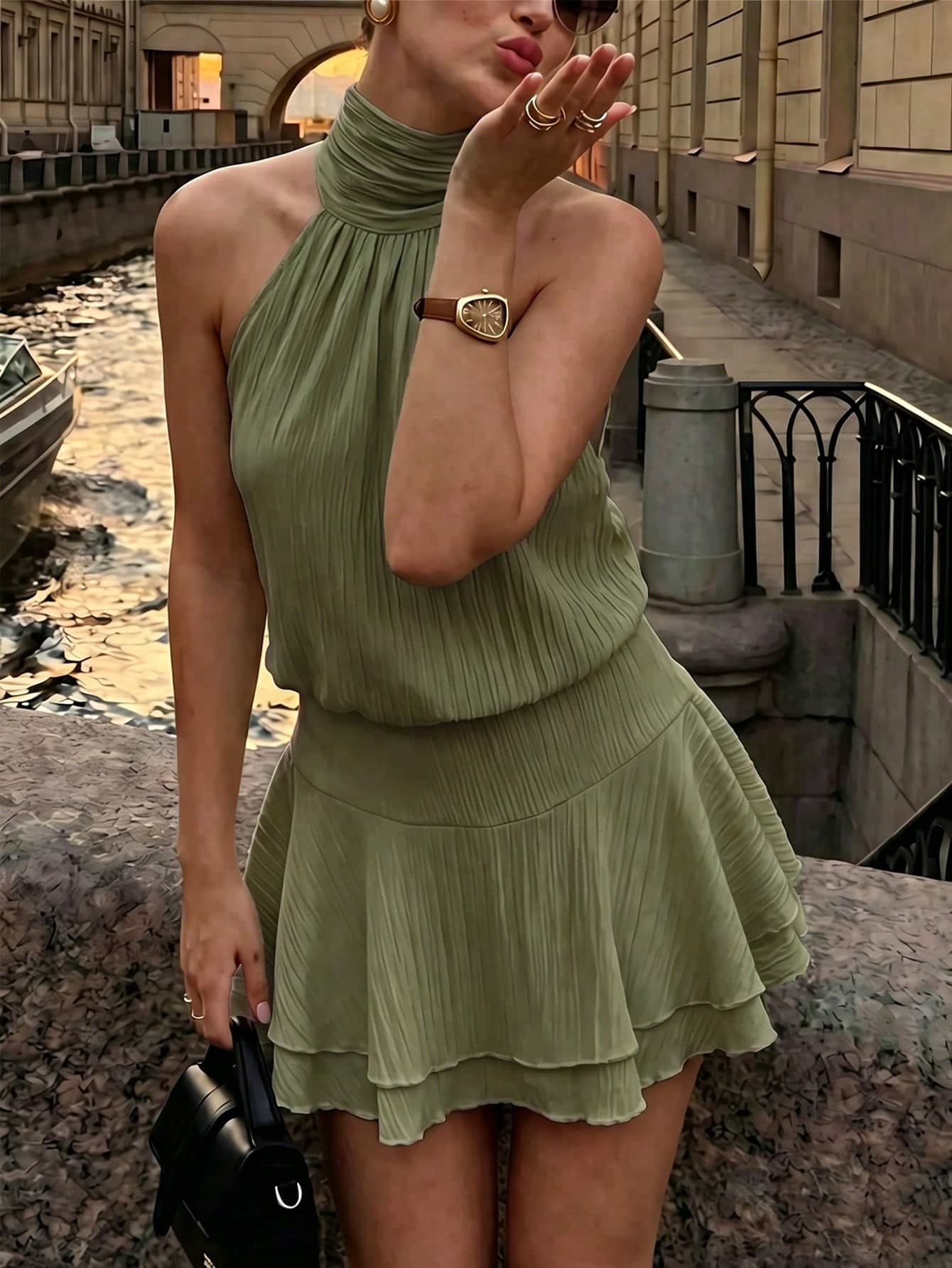 Pariaura Halter Tie Waist Dress, Textured Fabric With Back Big Bow & Double Ruffle Hem