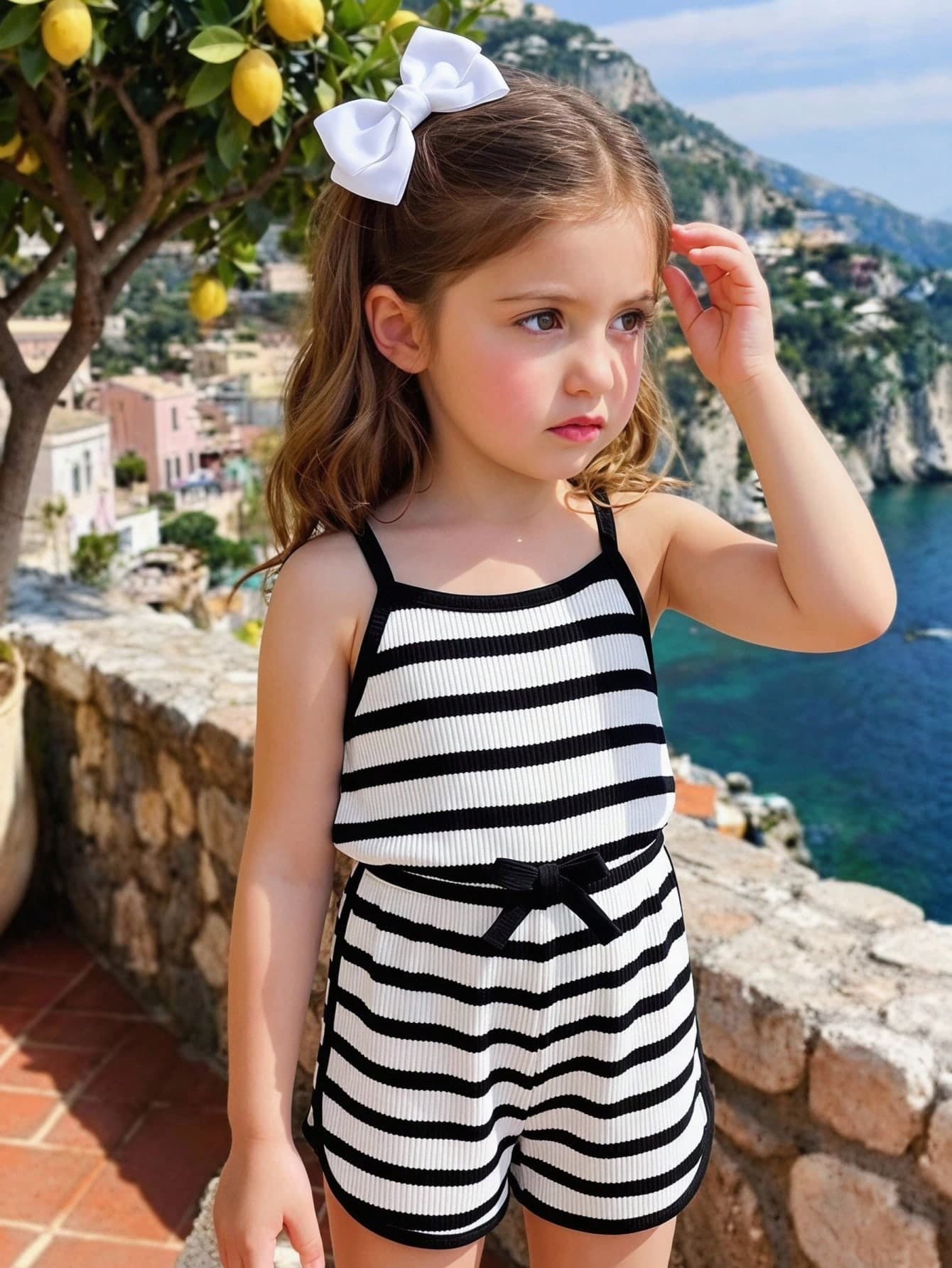 SHEIN Elladie kids Toddler Girls' Summer New Minimalist Athletic White Striped Drawstring Splice Color Sleeveless Jumpsuit With Bow Waist Decor, Casual Sporty Romper