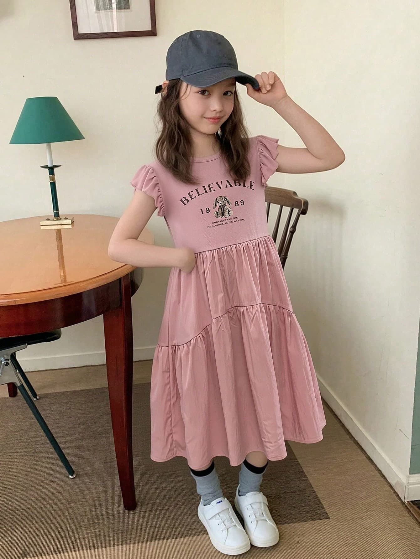 Dazy Kids Tween Girl Letter Print Pleated Casual Vacation Travel Dress Summer